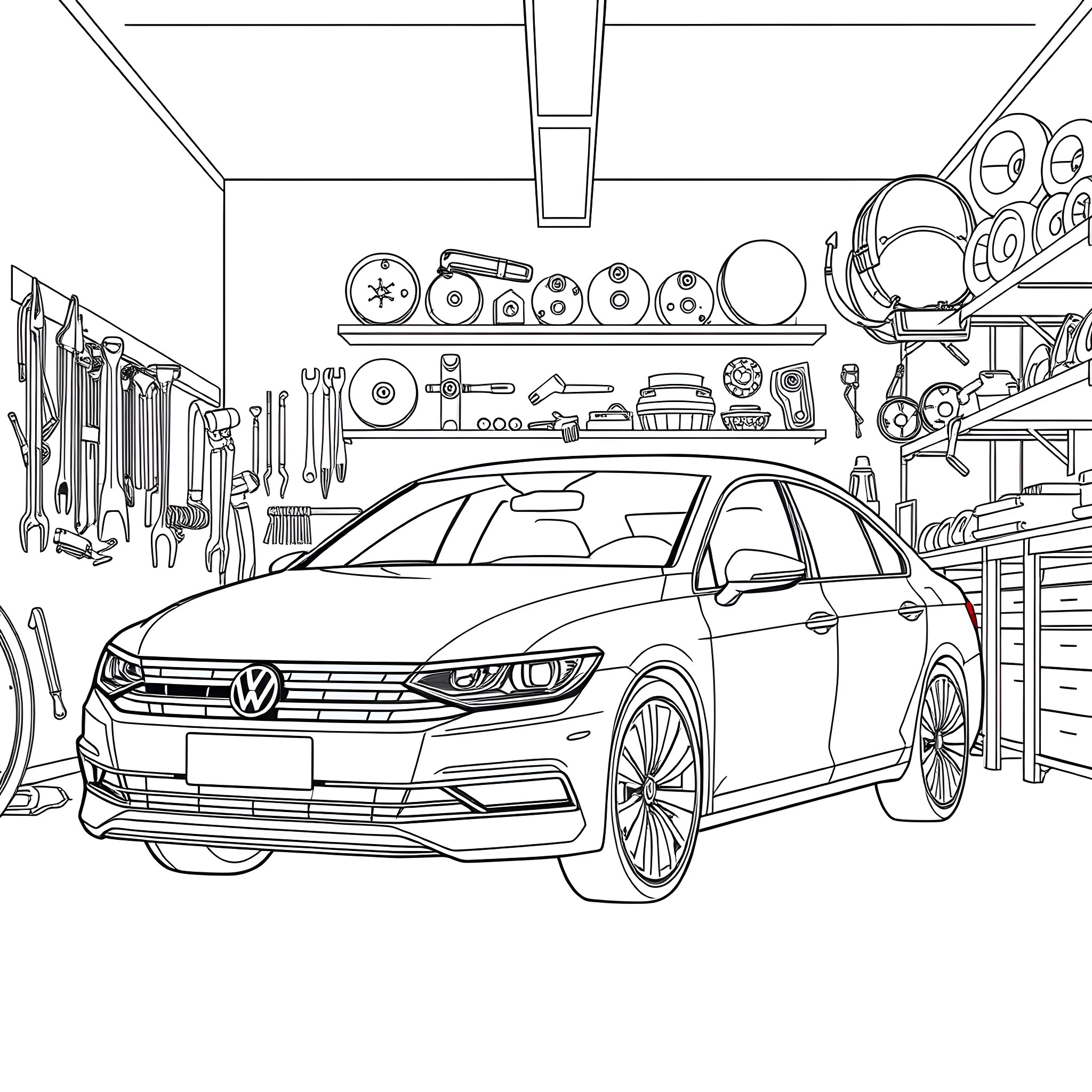 Volkswagen Passat in a Garage Workshop Coloring Page (free black-and-white line drawing printable PDF for all, from beginners to advanced learners, including children, teens, adults, and seniors)