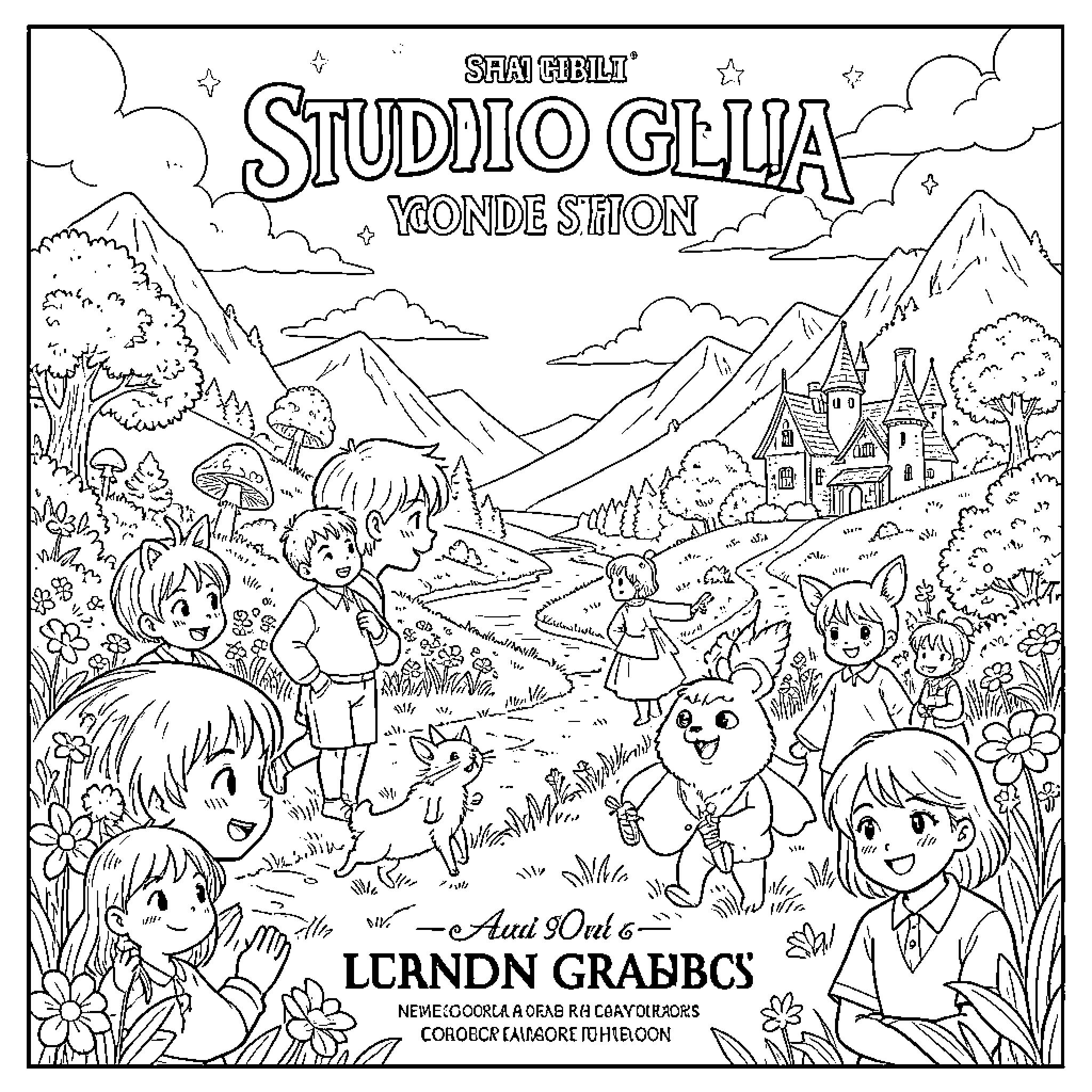 Studio Ghibli Wondrous Characters in Whimsical Landscape Coloring Page (free black-and-white line drawing printable PDF for all, from beginners to advanced learners, including children, teens, adults, and seniors)