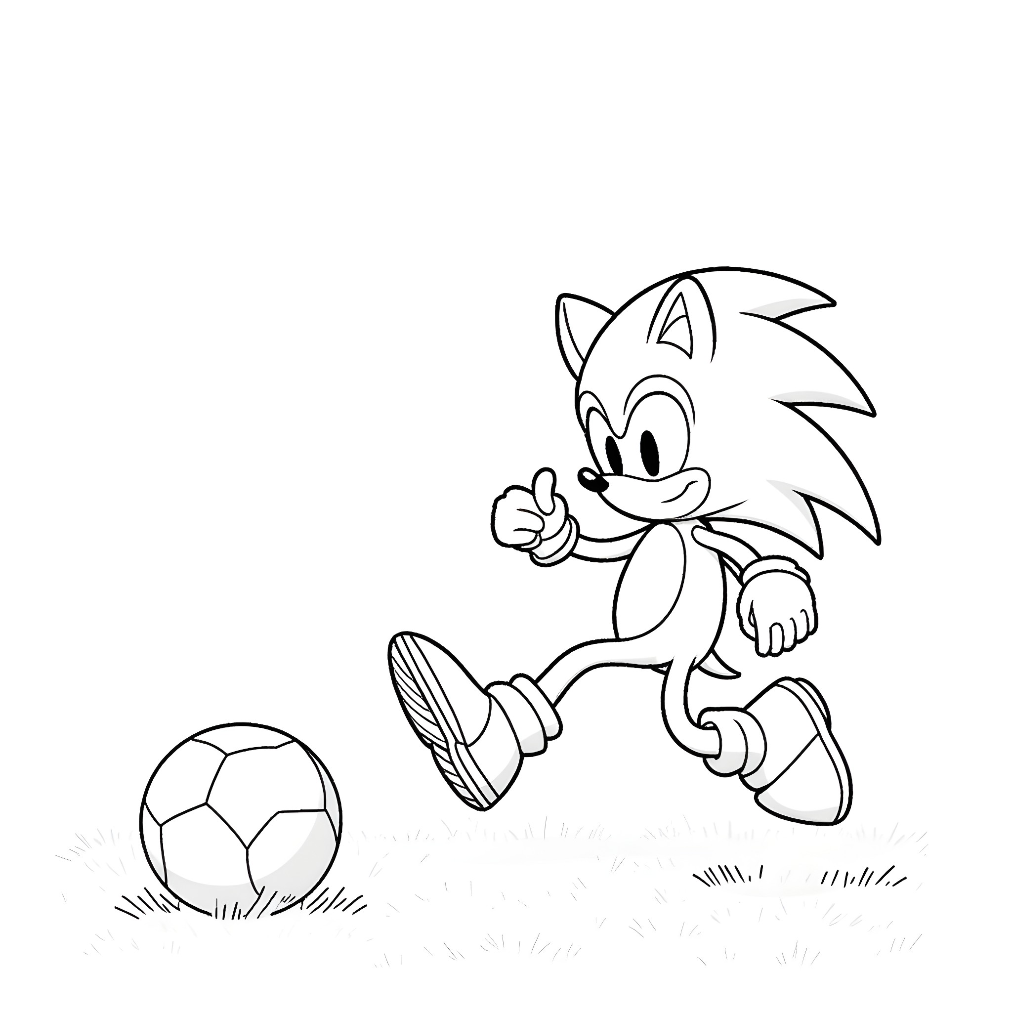 Sonic running to kick a soccer ball Coloring Page (free black-and-white line drawing printable PDF for all, from beginners to advanced learners, including children, teens, adults, and seniors)