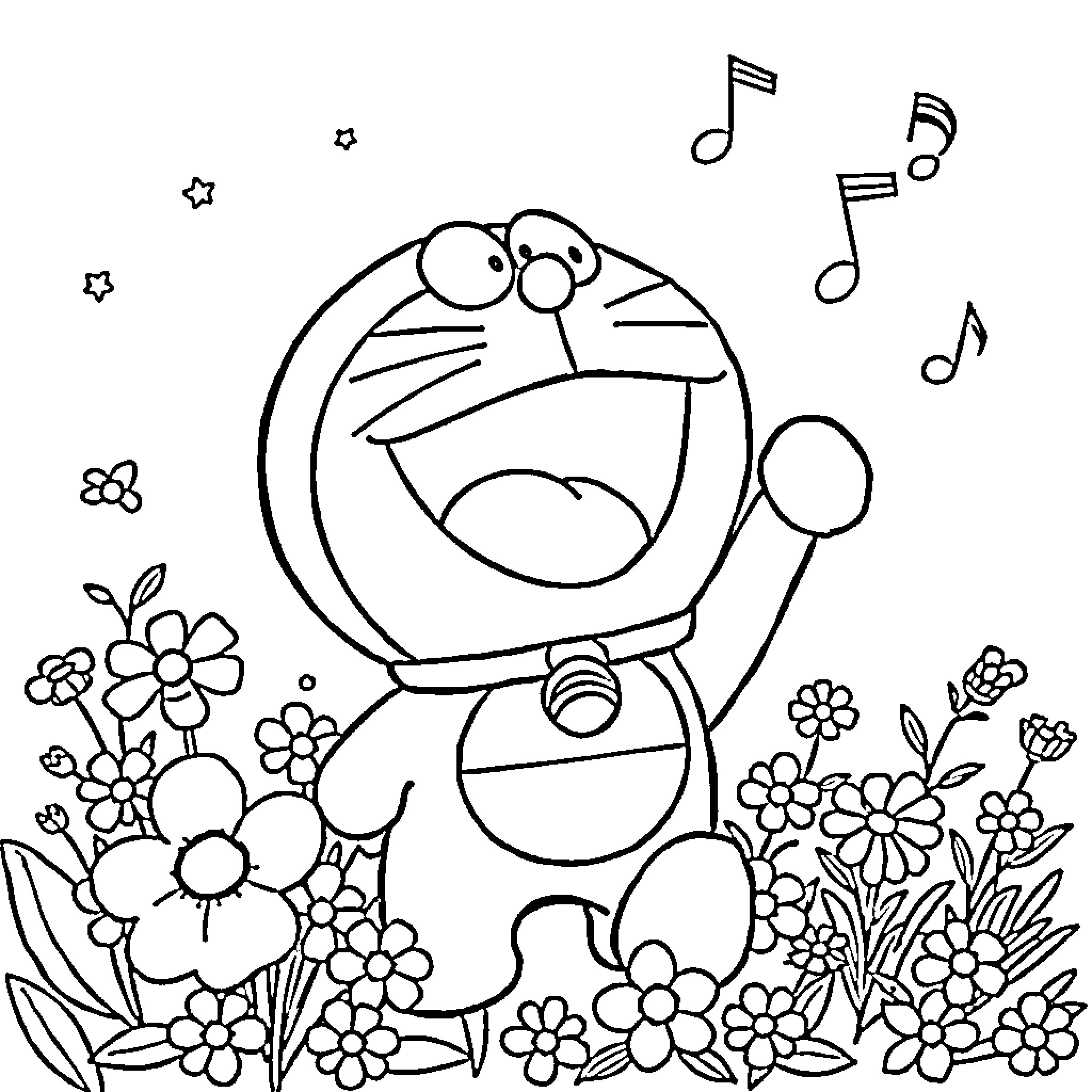 Doraemon singing joyfully in a flower garden Coloring Page (free black-and-white line drawing printable PDF for all, from beginners to advanced learners, including children, teens, adults, and seniors)