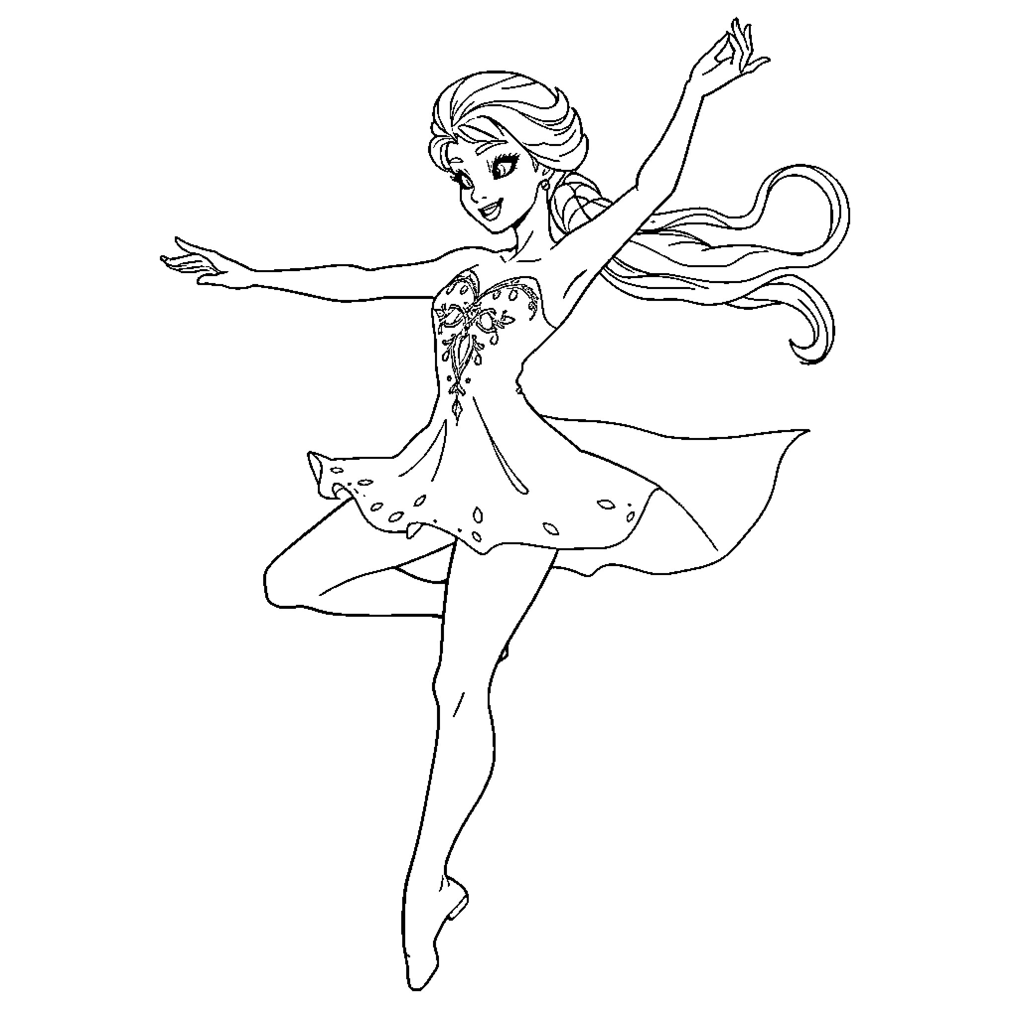 Elsa dancing gracefully in flowing dress Coloring Page (free black-and-white line drawing printable PDF for all, from beginners to advanced learners, including children, teens, adults, and seniors)