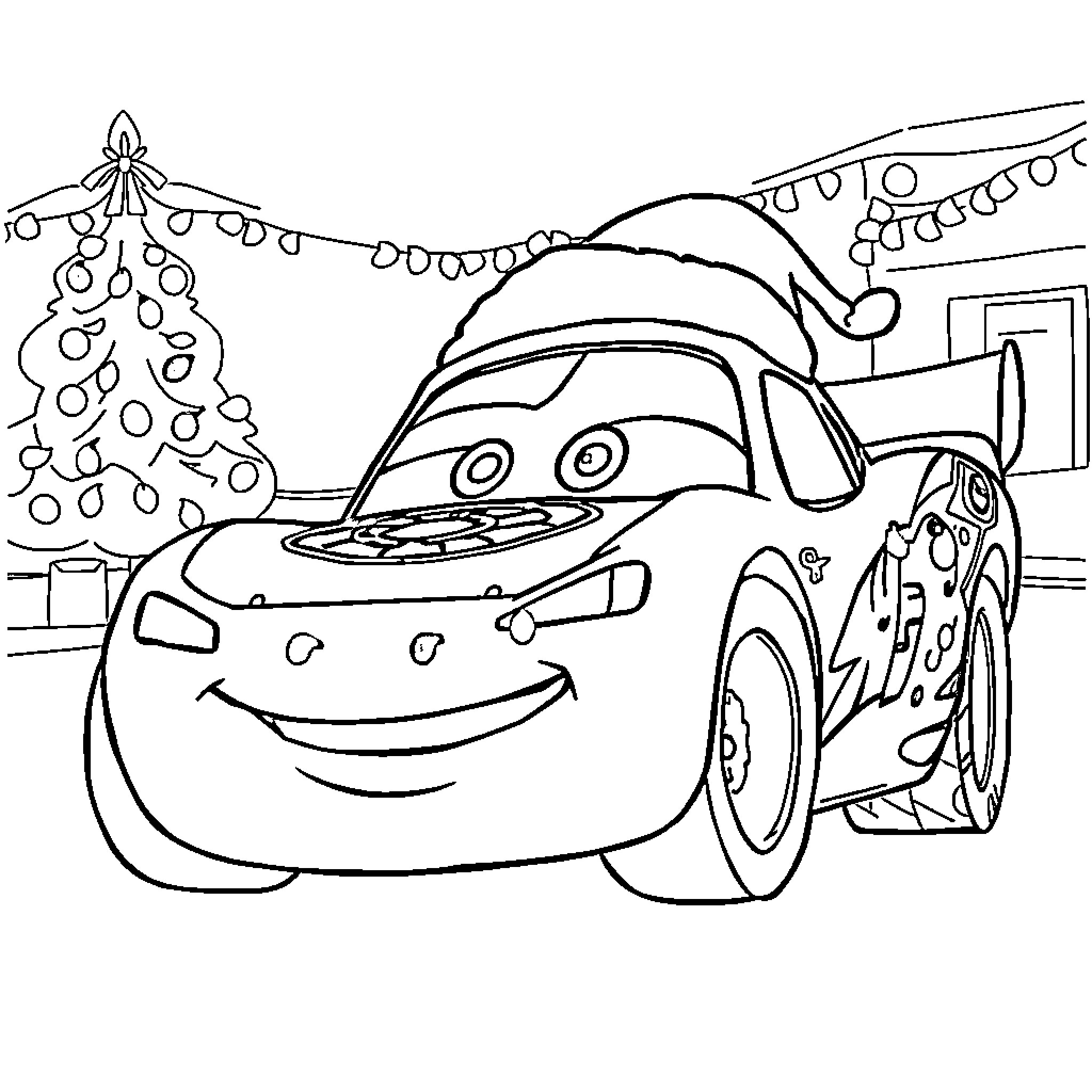 Lightning McQueen celebrating Christmas with decorations Coloring Page (free black-and-white line drawing printable PDF for all, from beginners to advanced learners, including children, teens, adults, and seniors)