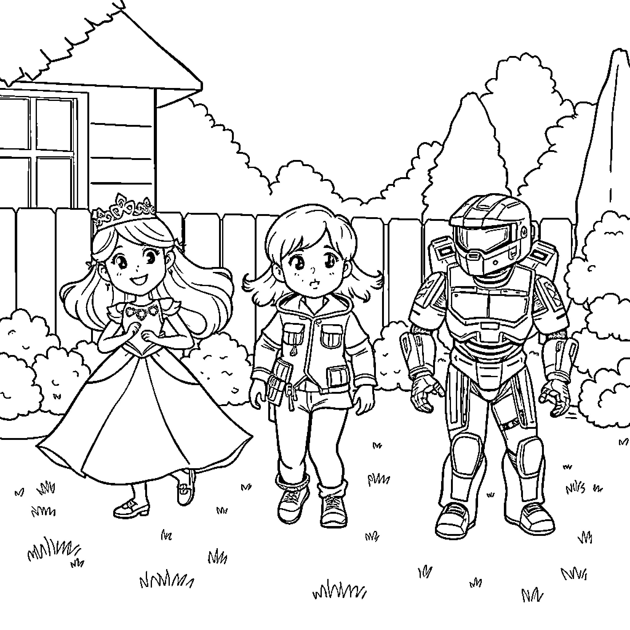 Kid Princesses and Robots Playing Together Coloring Page (free black-and-white line drawing printable PDF for all, from beginners to advanced learners, including children, teens, adults, and seniors)