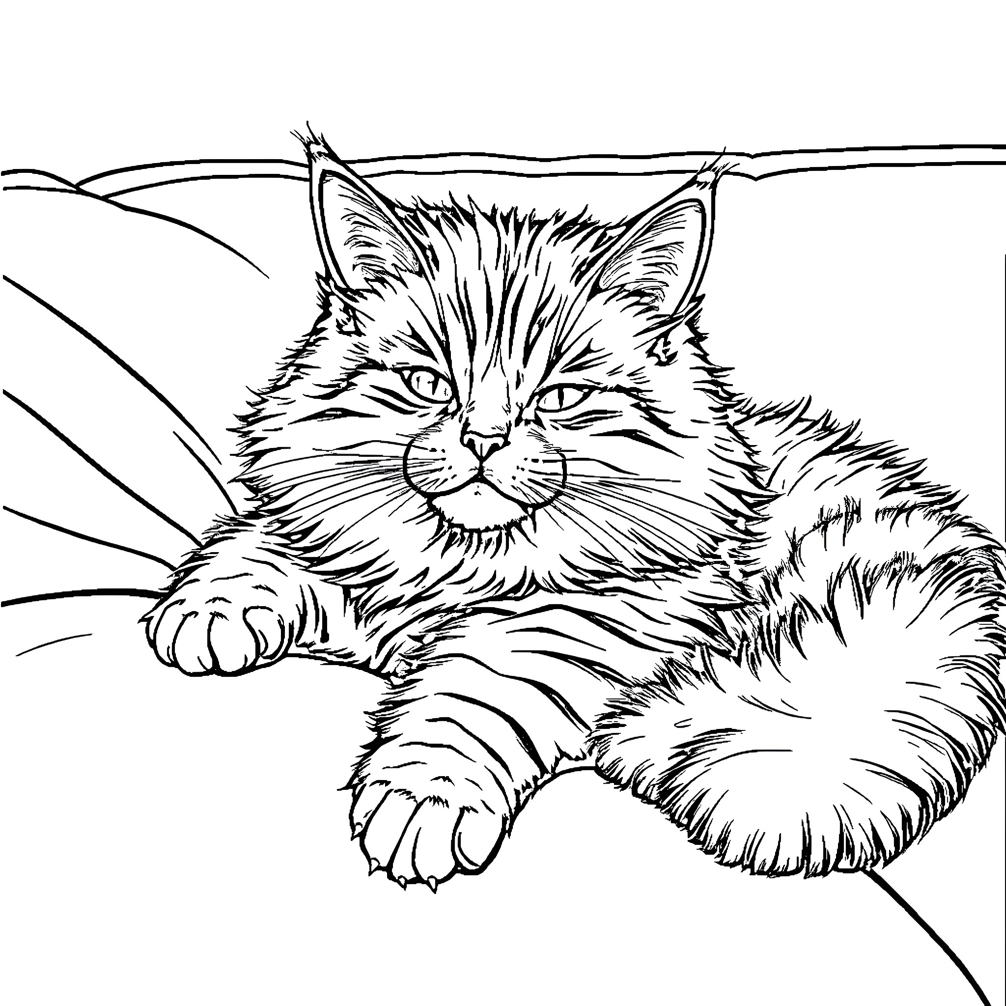 Cat lounging in the outdoors Coloring Page (free black-and-white line drawing printable PDF for all, from beginners to advanced learners, including children, teens, adults, and seniors)