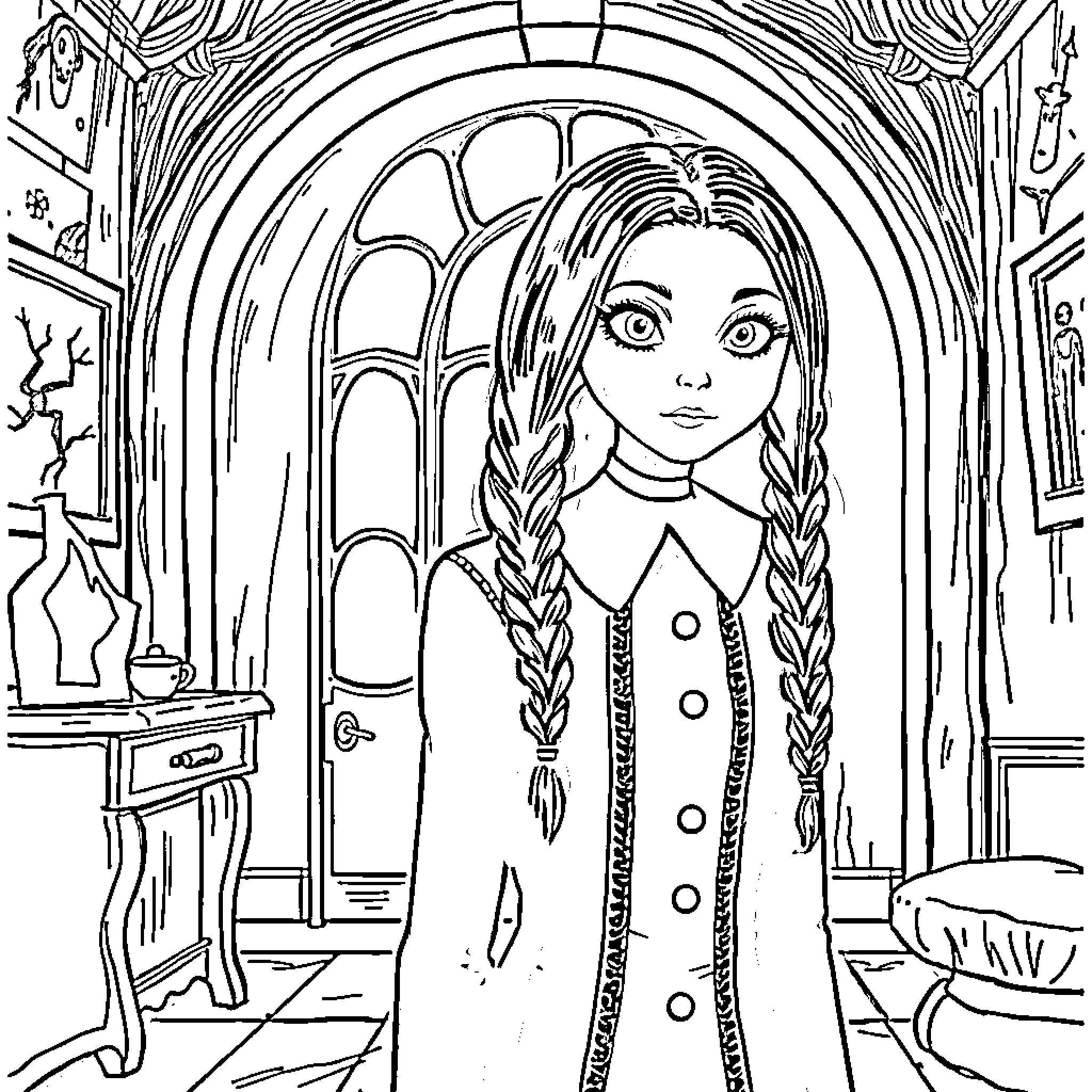 Wednesday Adams in a Mysterious Gothic Abode Coloring Page (free black-and-white line drawing printable PDF for all, from beginners to advanced learners, including children, teens, adults, and seniors)