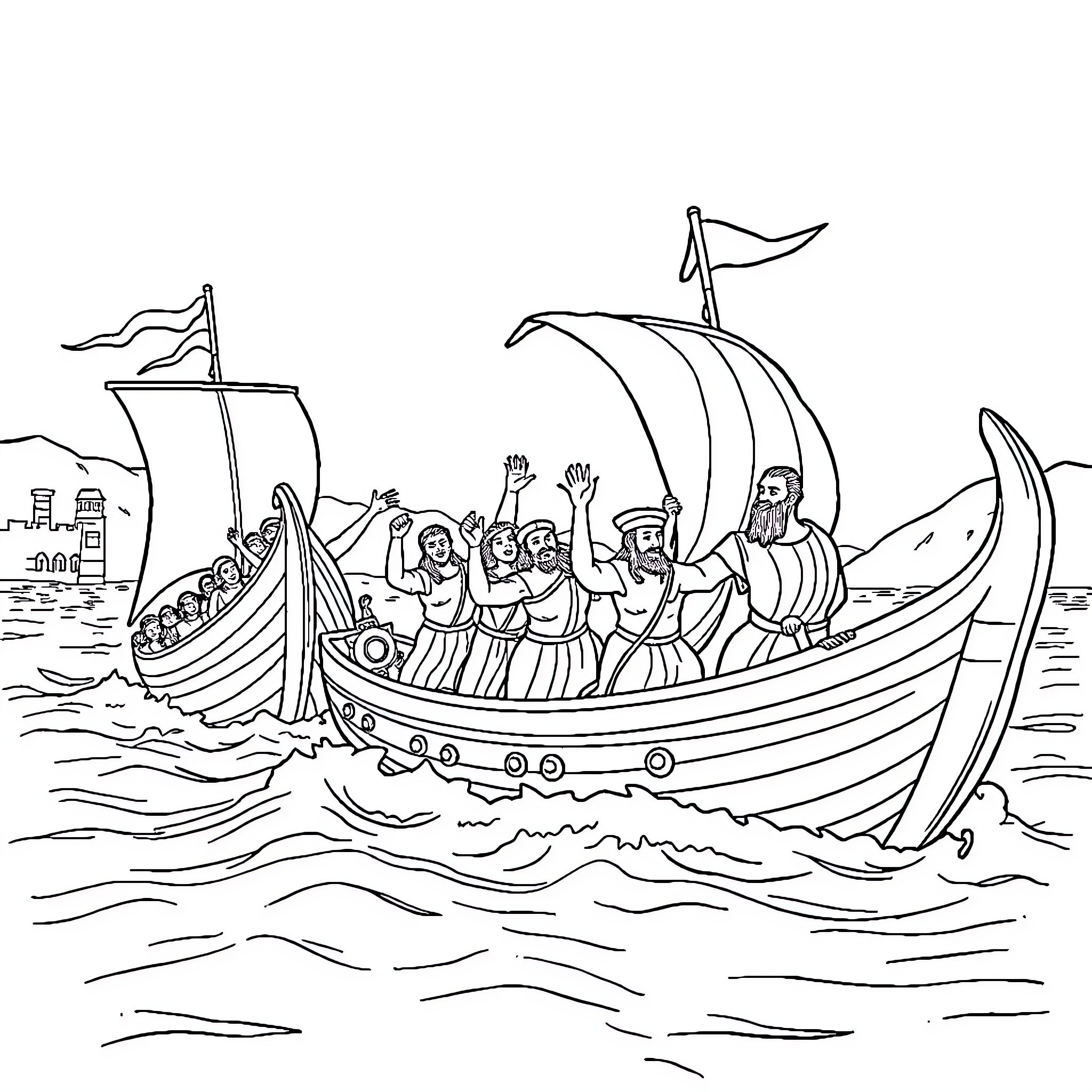 Boat sailing with passengers on the open sea Coloring Page (free black-and-white line drawing printable PDF for all, from beginners to advanced learners, including children, teens, adults, and seniors)