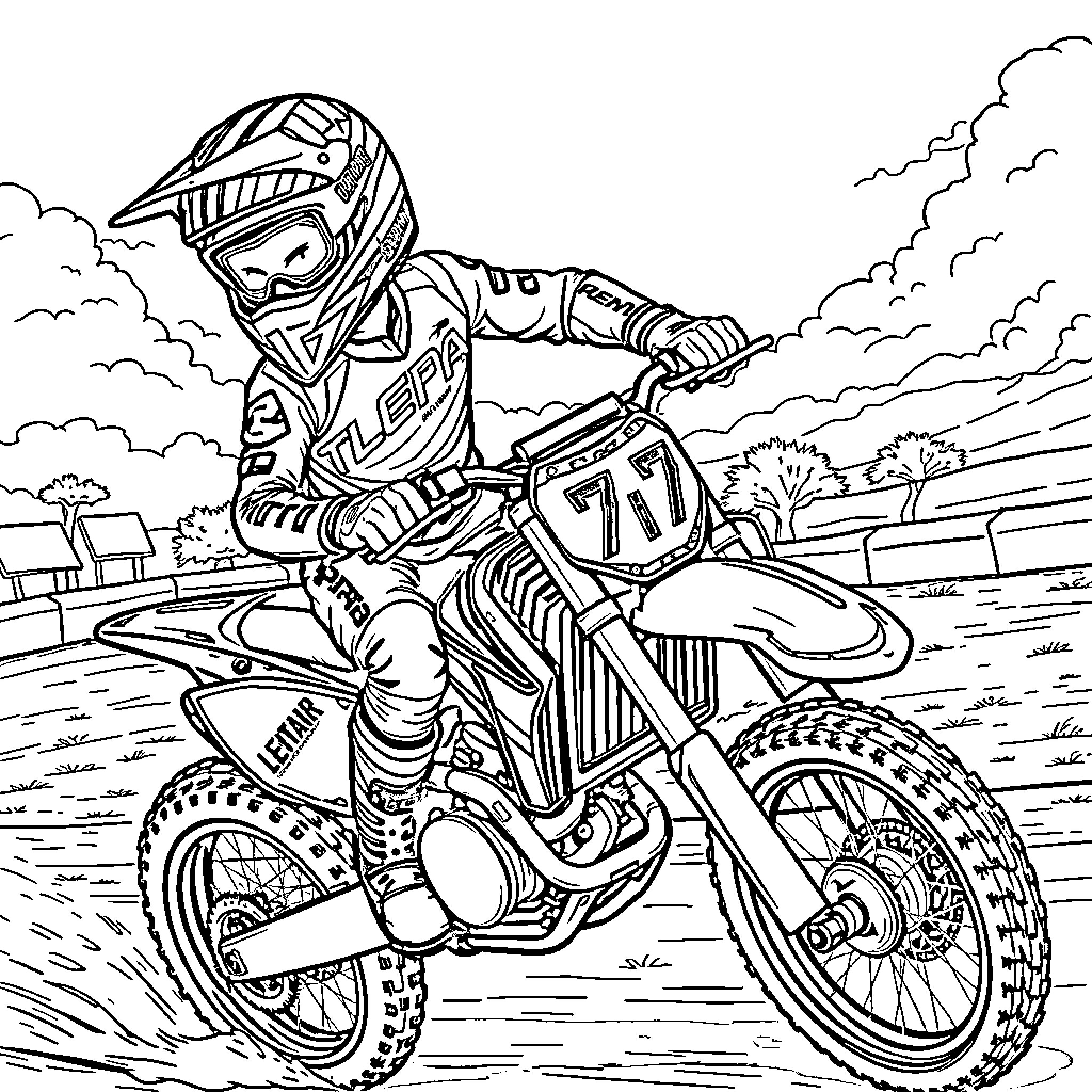 Haiden Deegan racing motocross motorcycle on a track Coloring Page (free black-and-white line drawing printable PDF for all, from beginners to advanced learners, including children, teens, adults, and seniors)