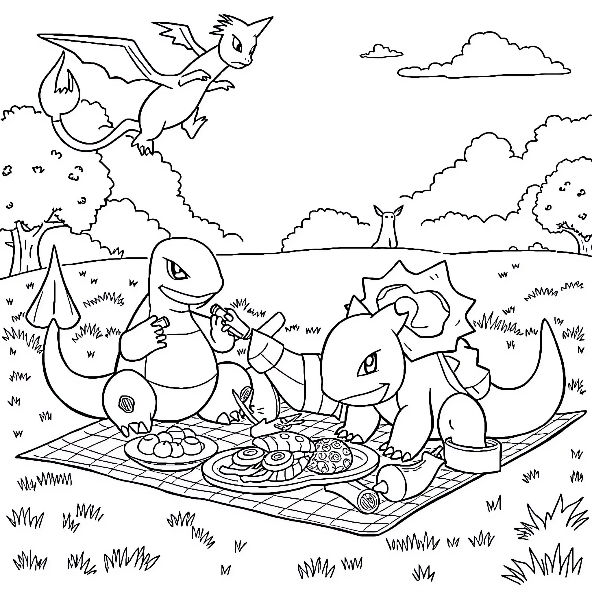 Starter Pokemon having a picnic in the wild Coloring Page (free black-and-white line drawing printable PDF for all, from beginners to advanced learners, including children, teens, adults, and seniors)
