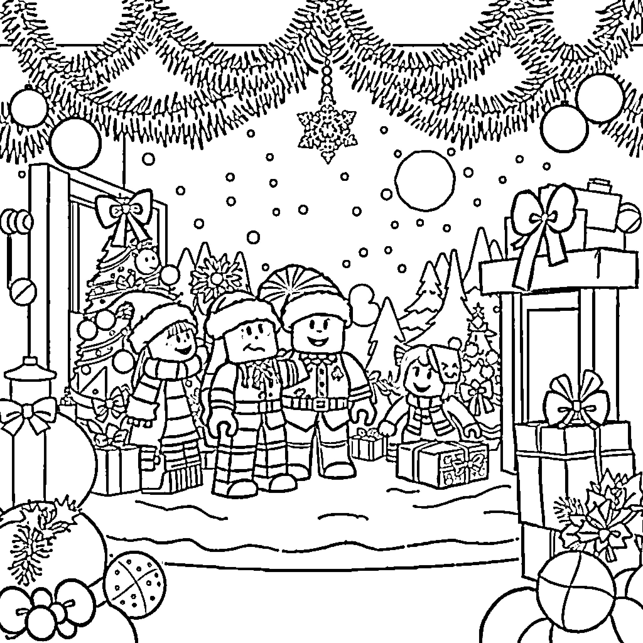 Xmas Roblox characters celebrating festive season Coloring Page (free black-and-white line drawing printable PDF for all, from beginners to advanced learners, including children, teens, adults, and seniors)