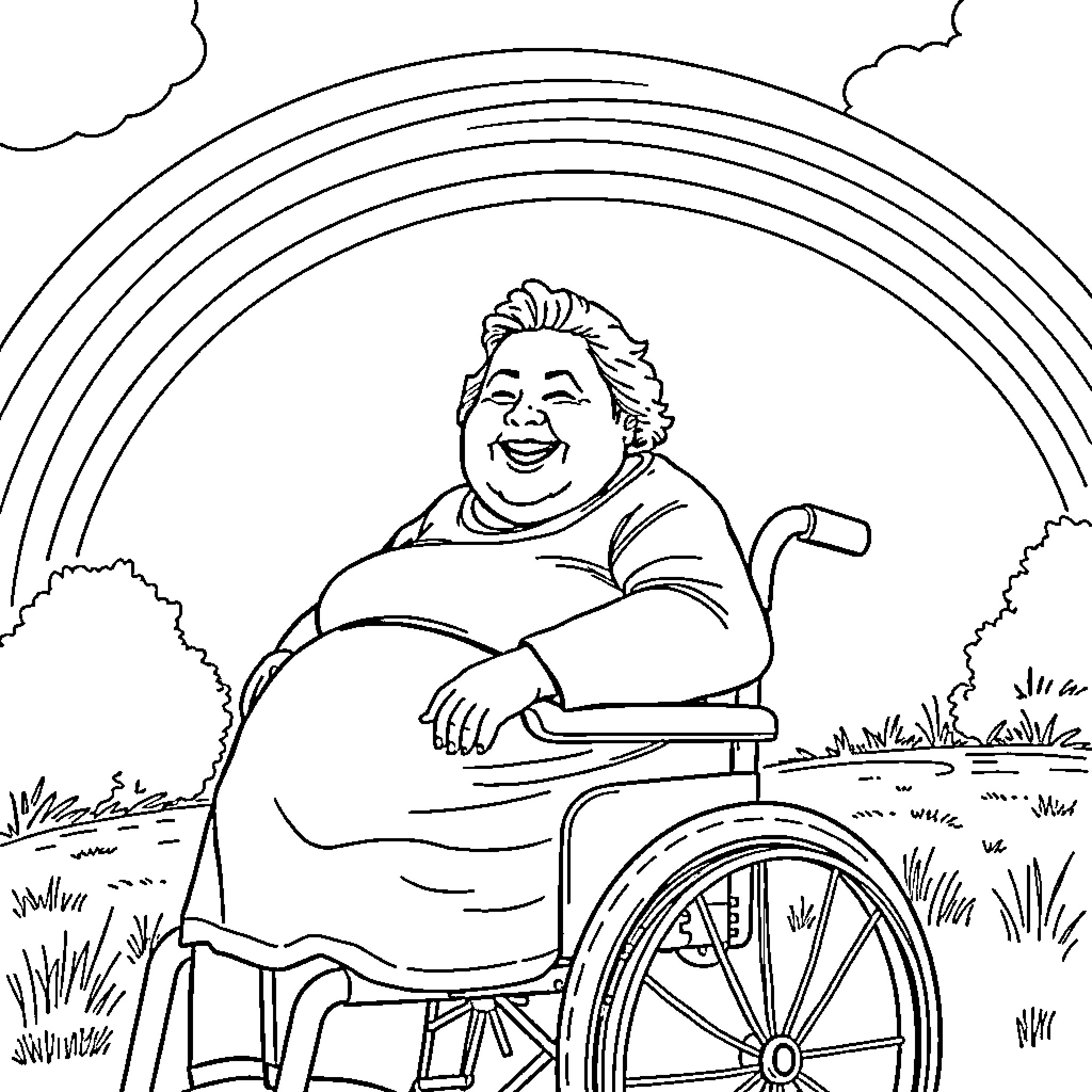 Woman smiling joyfully in wheelchair under rainbow Coloring Page (free black-and-white line drawing printable PDF for all, from beginners to advanced learners, including children, teens, adults, and seniors)