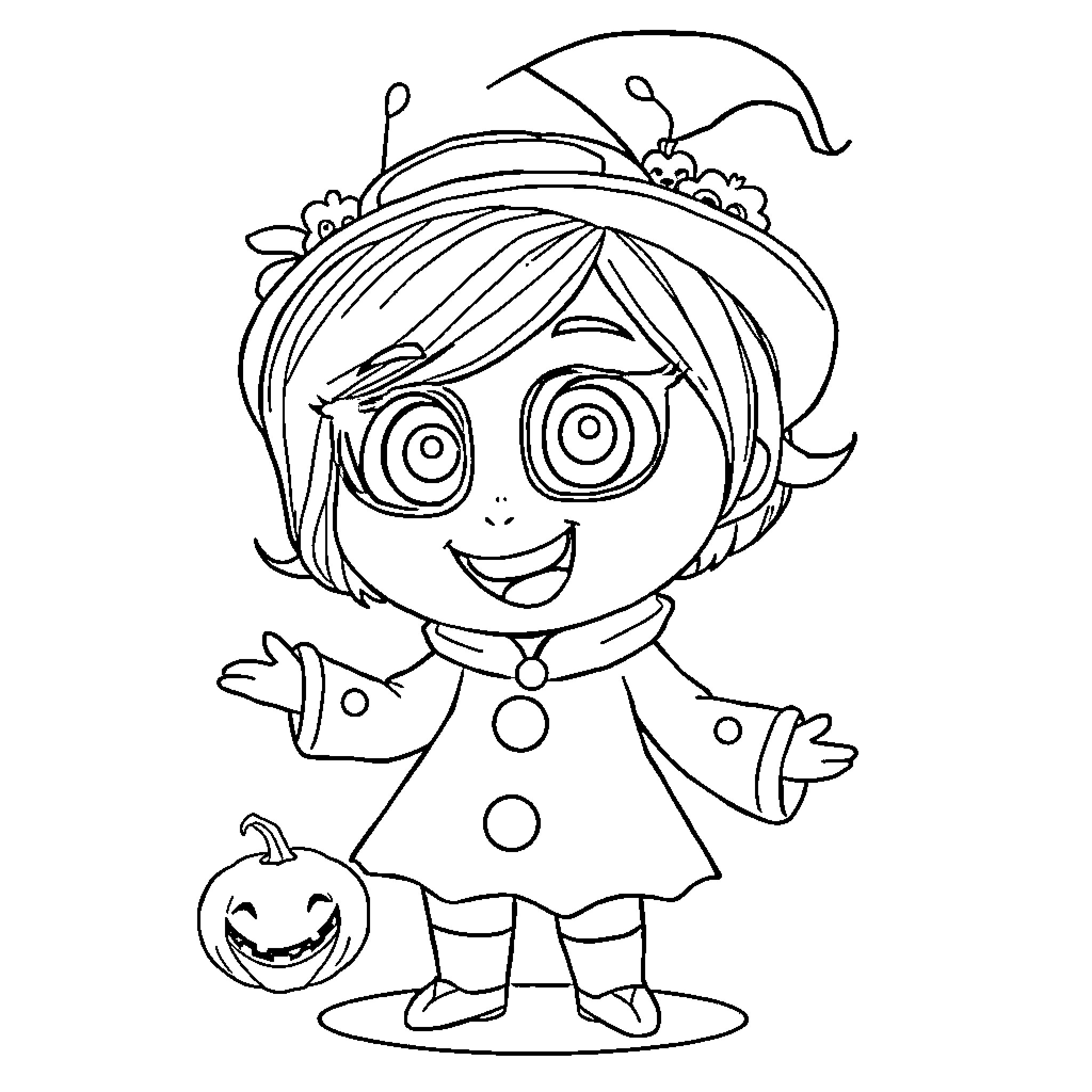 Joy in a Halloween Costume Coloring Page (free black-and-white line drawing printable PDF for all, from beginners to advanced learners, including children, teens, adults, and seniors)