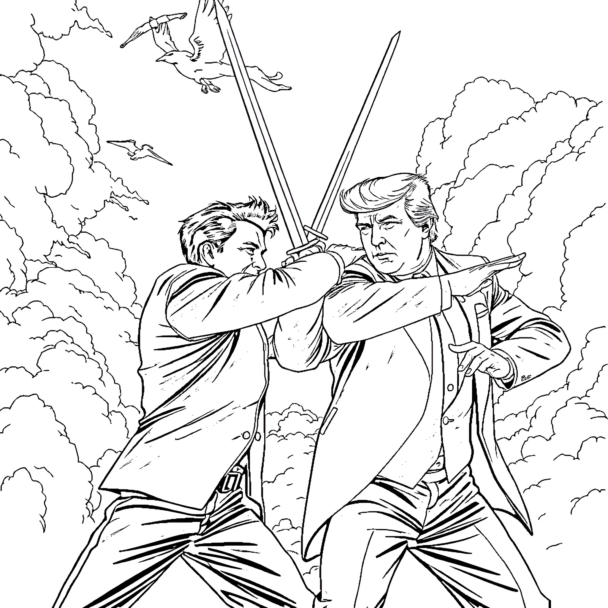 Elon Musk in an epic lightsaber duel Coloring Page (free black-and-white line drawing printable PDF for all, from beginners to advanced learners, including children, teens, adults, and seniors)