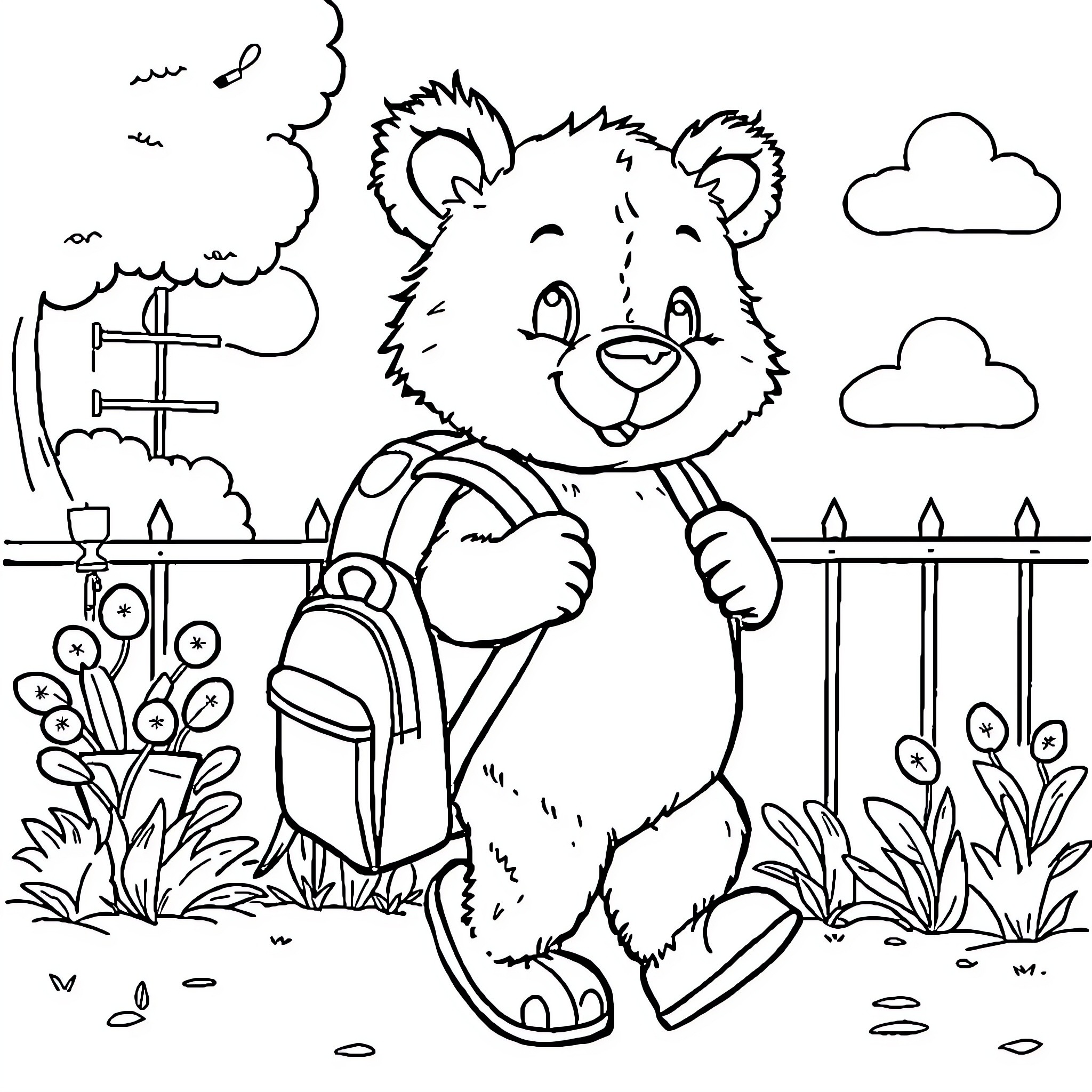 Ours: Cheerful bear exploring the outdoors Coloring Page (free black-and-white line drawing printable PDF for all, from beginners to advanced learners, including children, teens, adults, and seniors)
