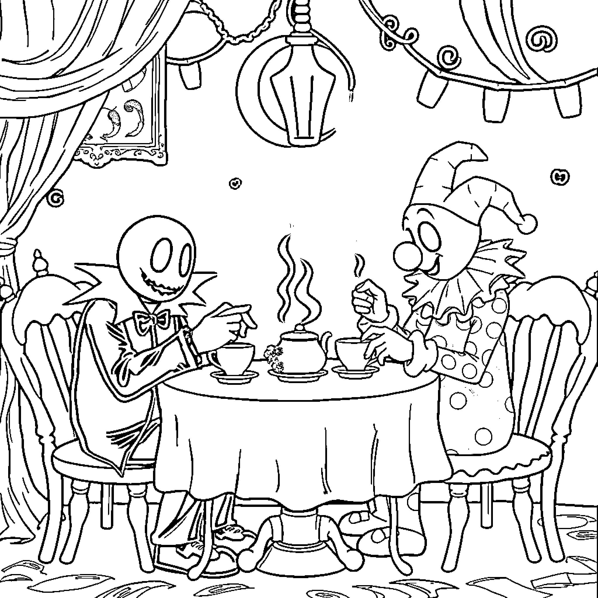 Ghostface characters enjoying a tea party Coloring Page (free black-and-white line drawing printable PDF for all, from beginners to advanced learners, including children, teens, adults, and seniors)