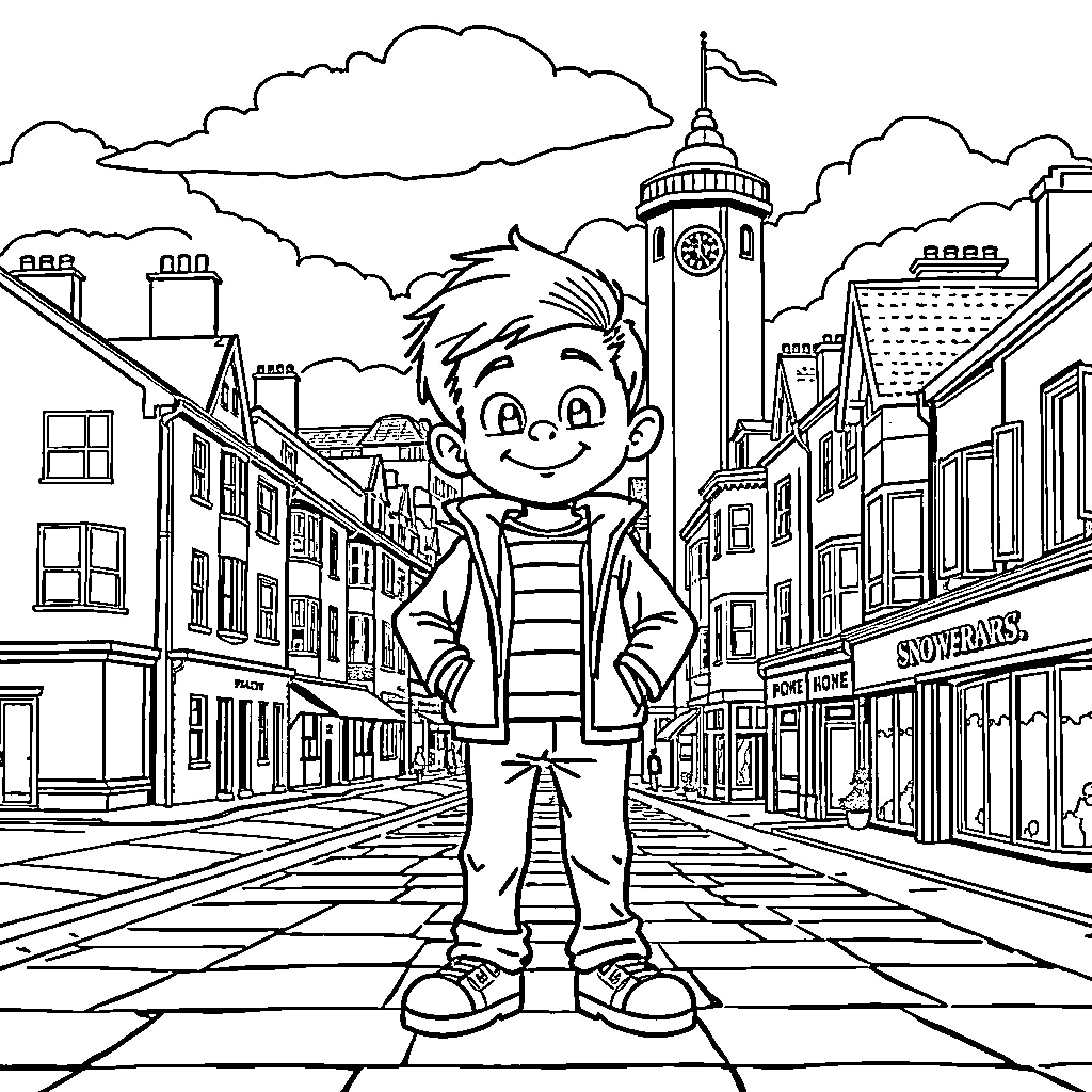 Felix explores the bustling city street Coloring Page (free black-and-white line drawing printable PDF for all, from beginners to advanced learners, including children, teens, adults, and seniors)