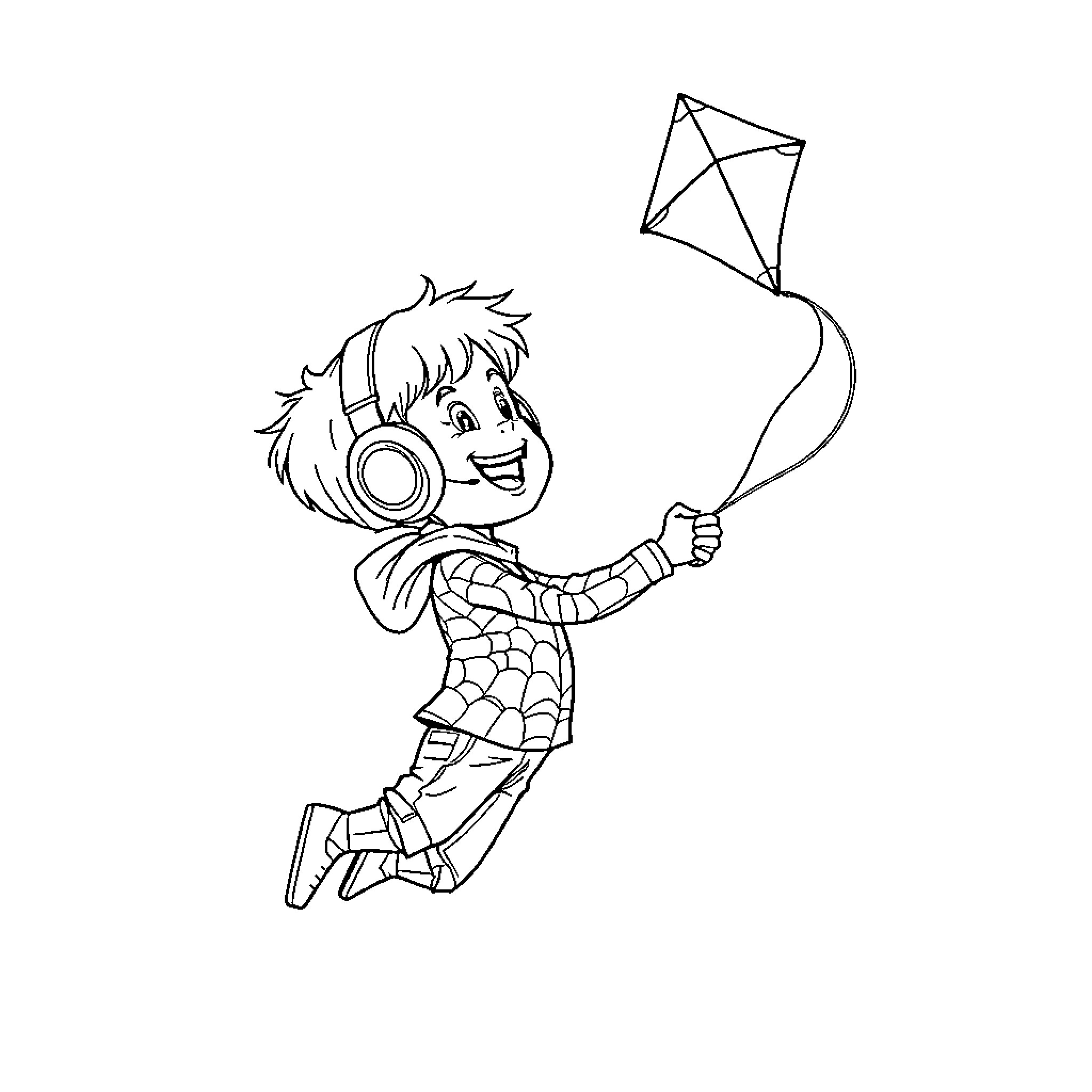 Kid joyfully flying kite with headphones Coloring Page (free black-and-white line drawing printable PDF for all, from beginners to advanced learners, including children, teens, adults, and seniors)