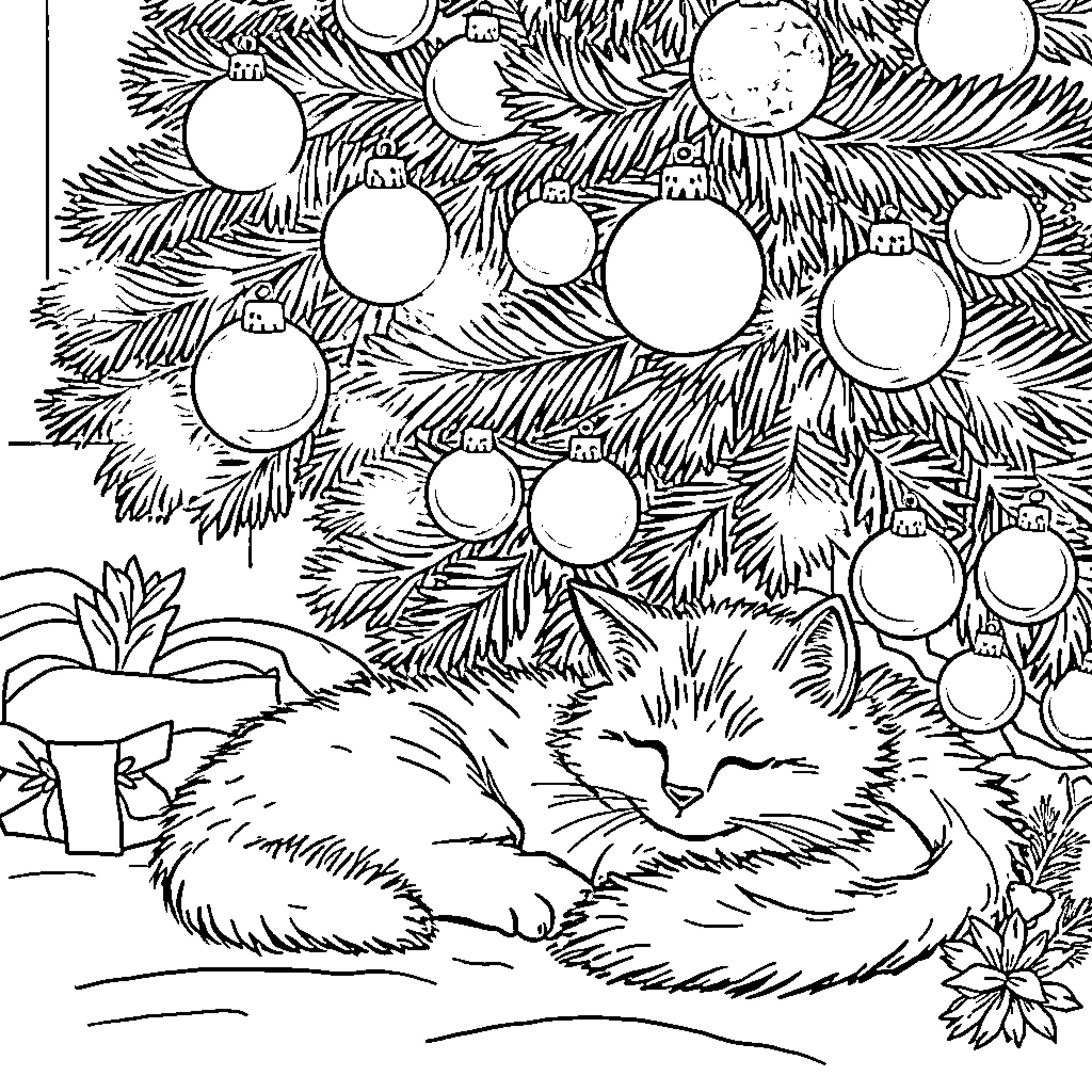 Cat napping under Christmas tree Coloring Page (free black-and-white line drawing printable PDF for all, from beginners to advanced learners, including children, teens, adults, and seniors)