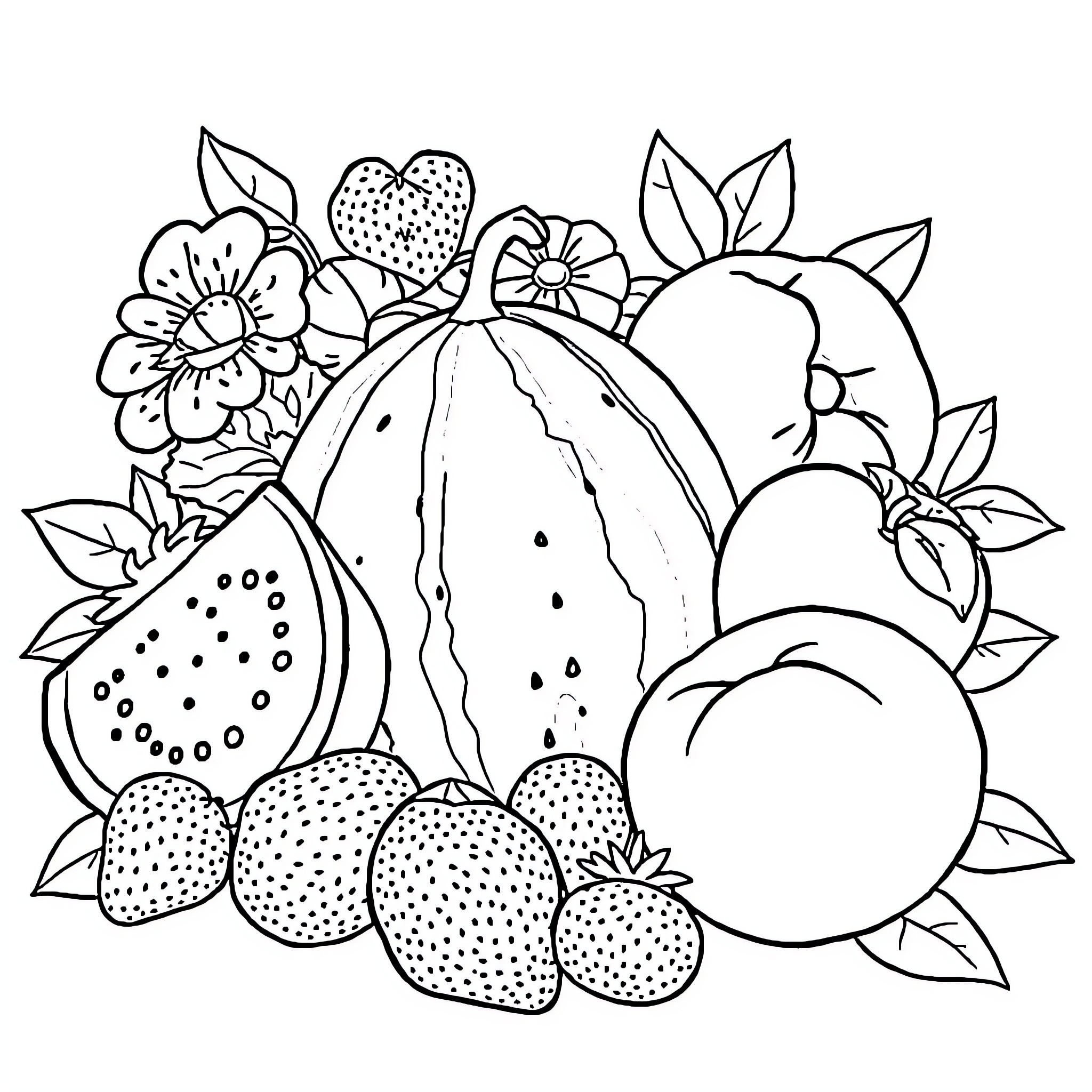 Fruit Composition with Flowers Coloring Page (free black-and-white line drawing printable PDF for all, from beginners to advanced learners, including children, teens, adults, and seniors)