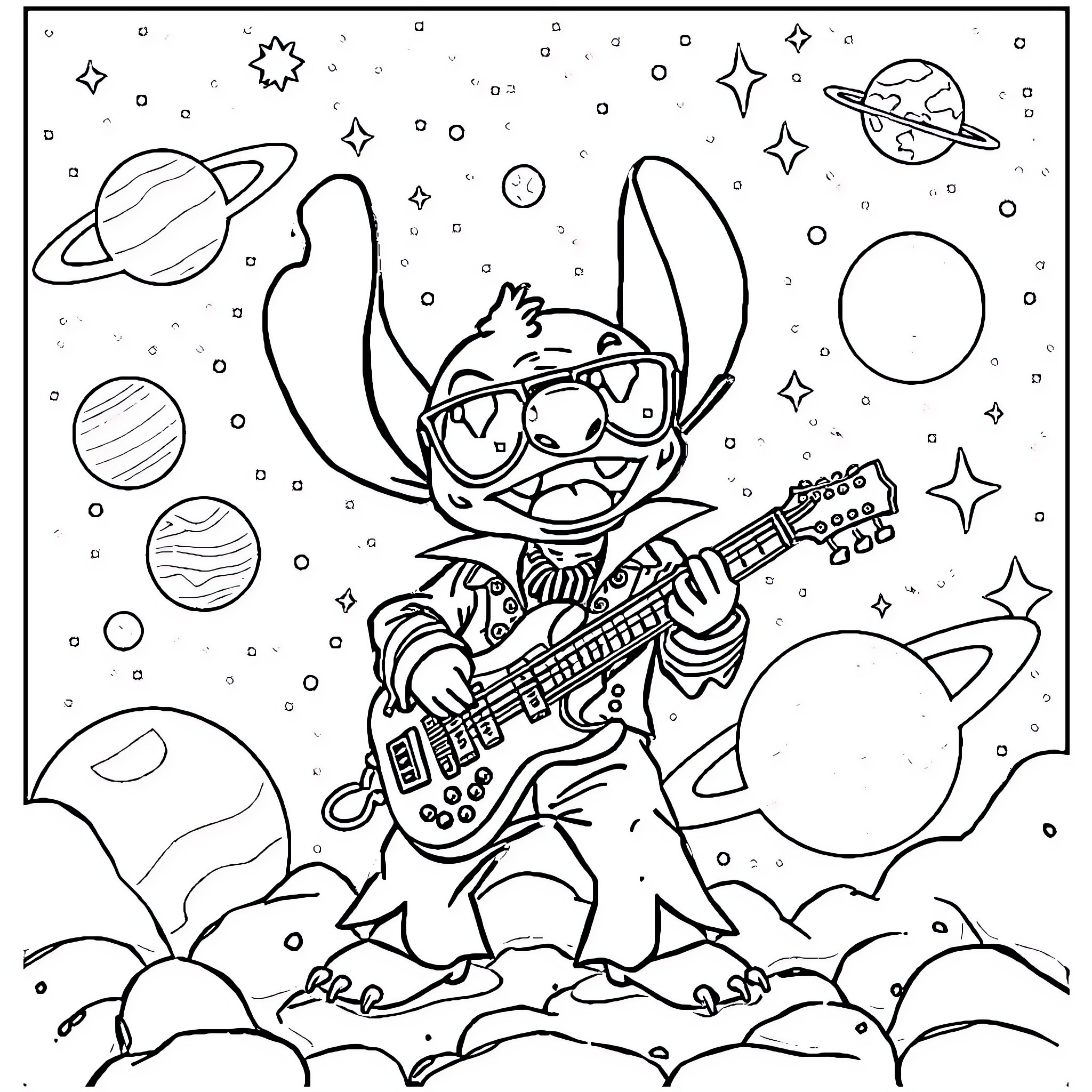 Stitch rocking out in space with guitar Coloring Page (free black-and-white line drawing printable PDF for all, from beginners to advanced learners, including children, teens, adults, and seniors)