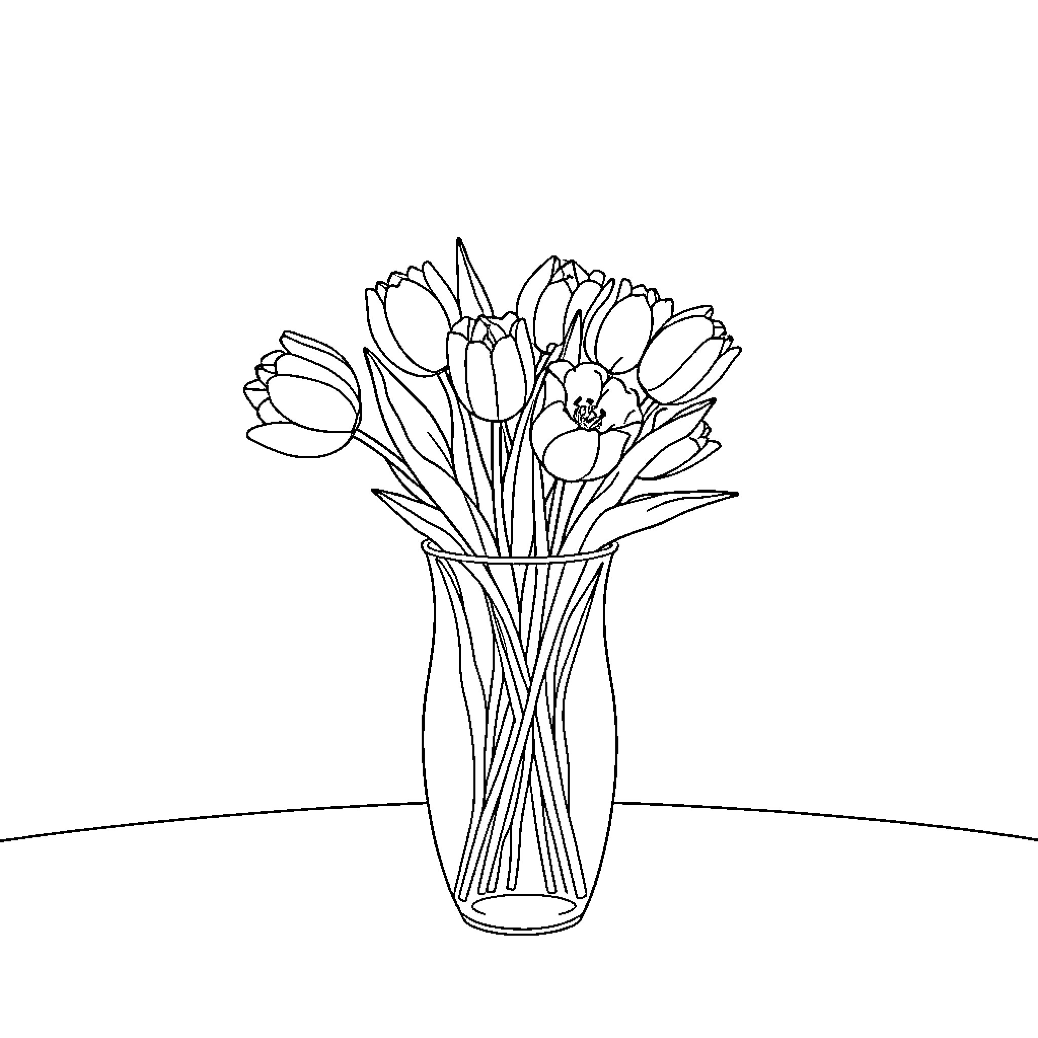 Tulip bouquet in glass vase Coloring Page (free black-and-white line drawing printable PDF for all, from beginners to advanced learners, including children, teens, adults, and seniors)