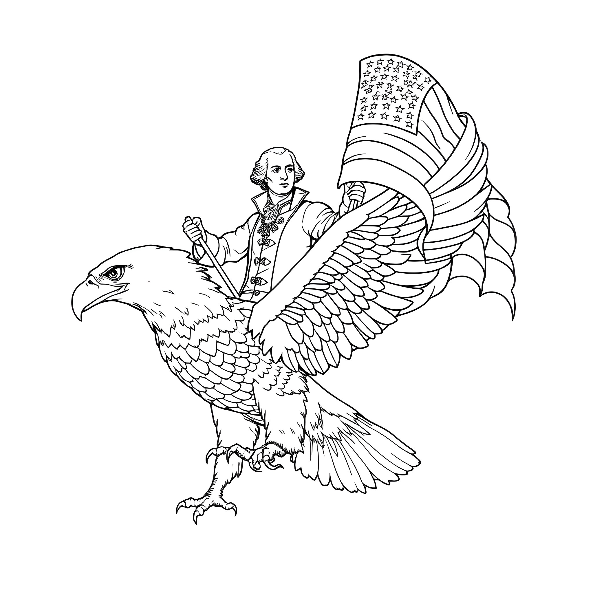George Washington riding a patriotic eagle Coloring Page (free black-and-white line drawing printable PDF for all, from beginners to advanced learners, including children, teens, adults, and seniors)
