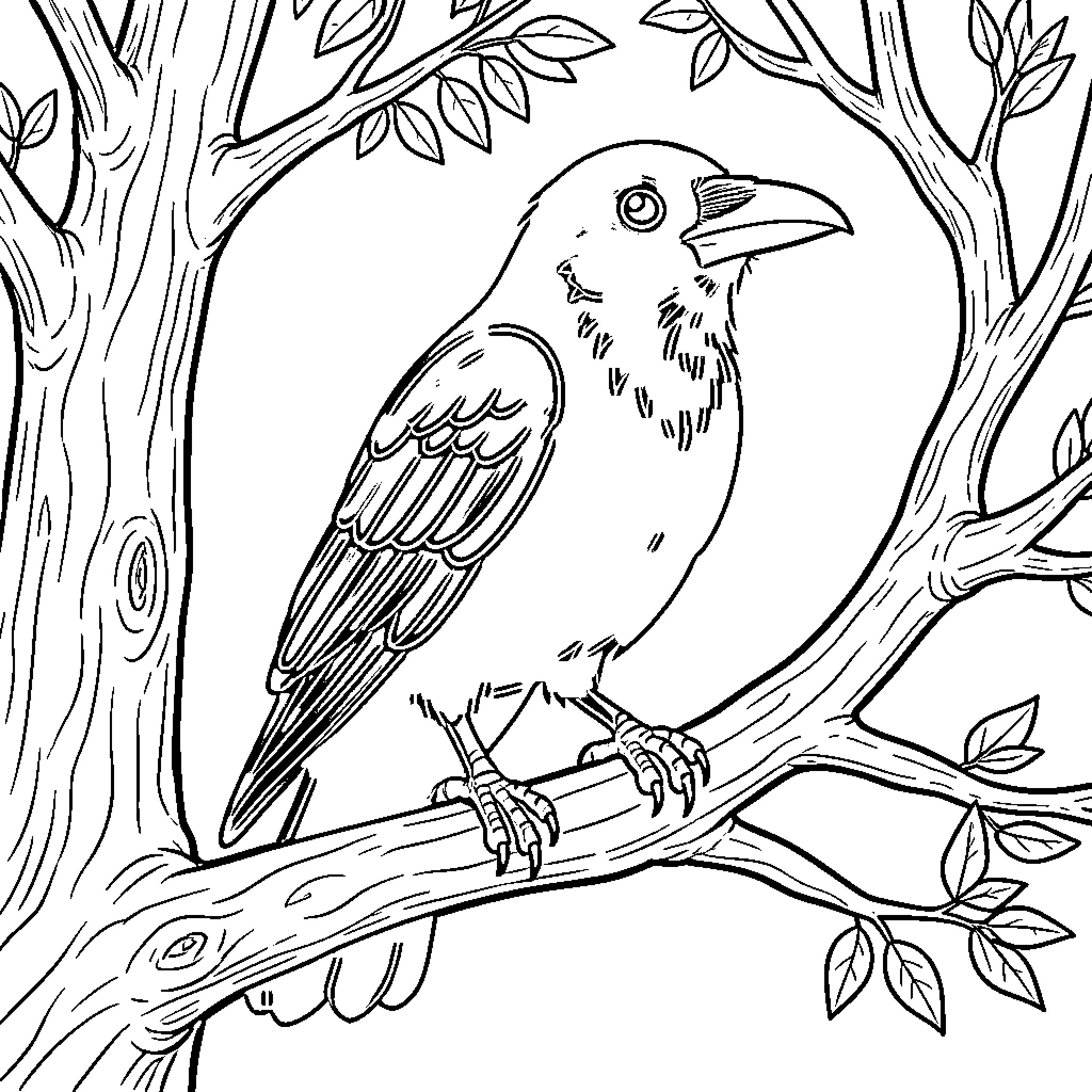 Crow perched on a tree branch Coloring Page (free black-and-white line drawing printable PDF for all, from beginners to advanced learners, including children, teens, adults, and seniors)