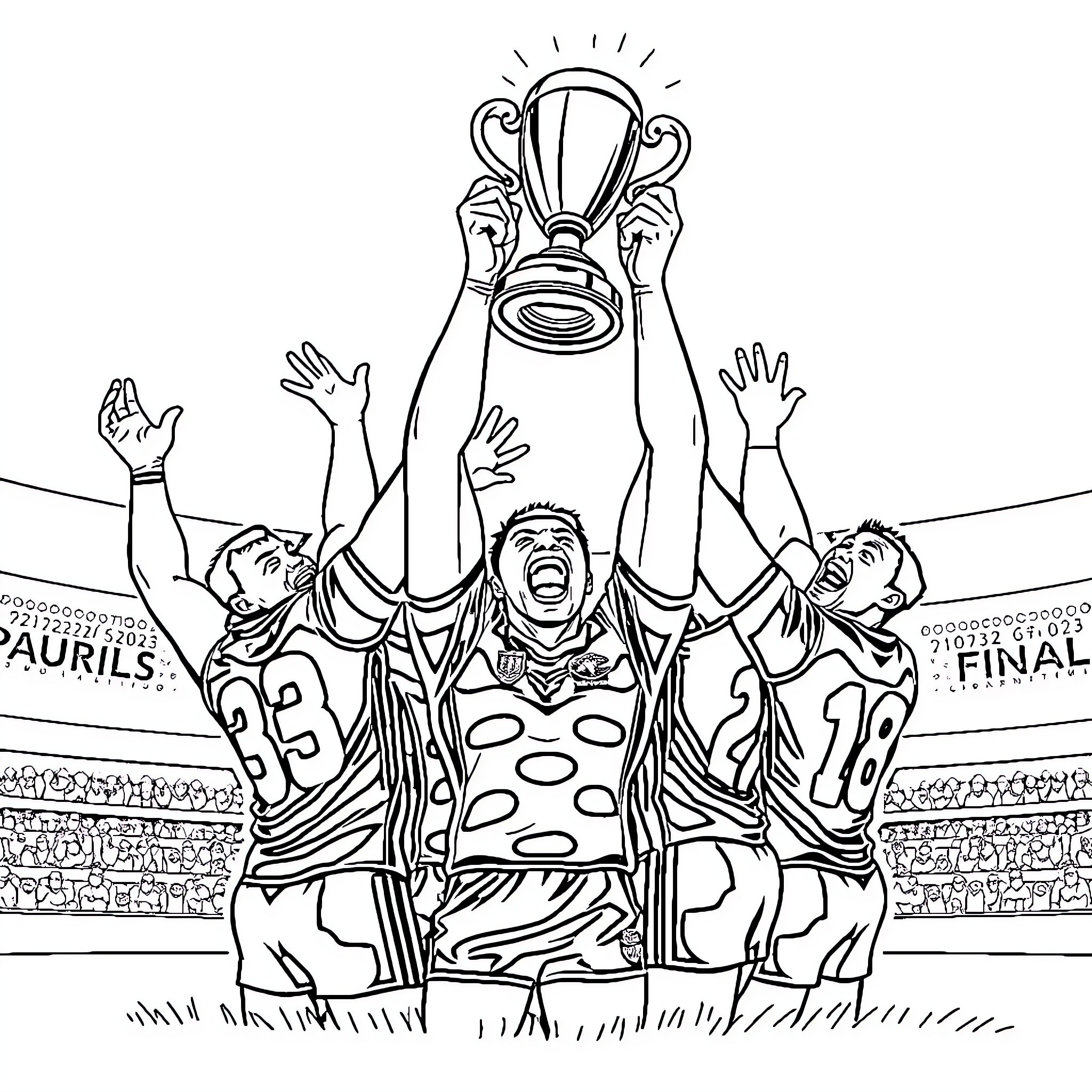 Penrith Panthers celebrate victory with championship trophy Coloring Page (free black-and-white line drawing printable PDF for all, from beginners to advanced learners, including children, teens, adults, and seniors)