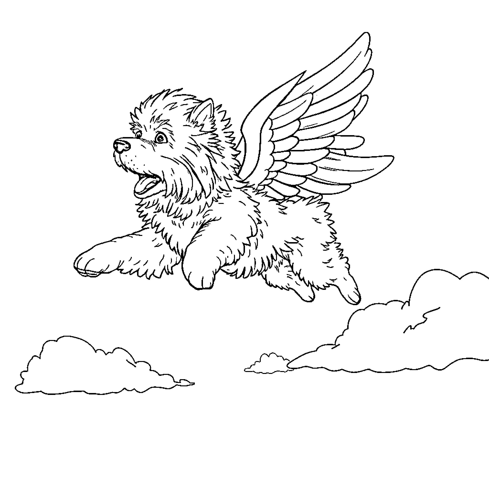 Dog flying with wings in the sky Coloring Page (free black-and-white line drawing printable PDF for all, from beginners to advanced learners, including children, teens, adults, and seniors)