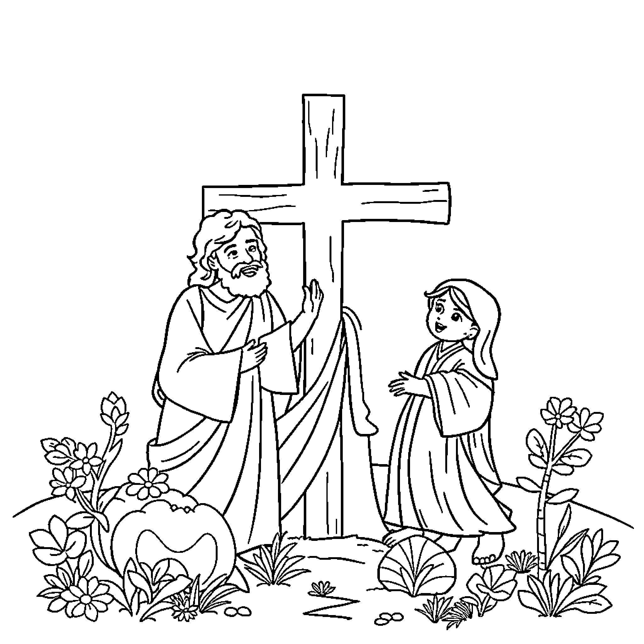 Christian figures in prayer and adoration before the cross Coloring Page (free black-and-white line drawing printable PDF for all, from beginners to advanced learners, including children, teens, adults, and seniors)