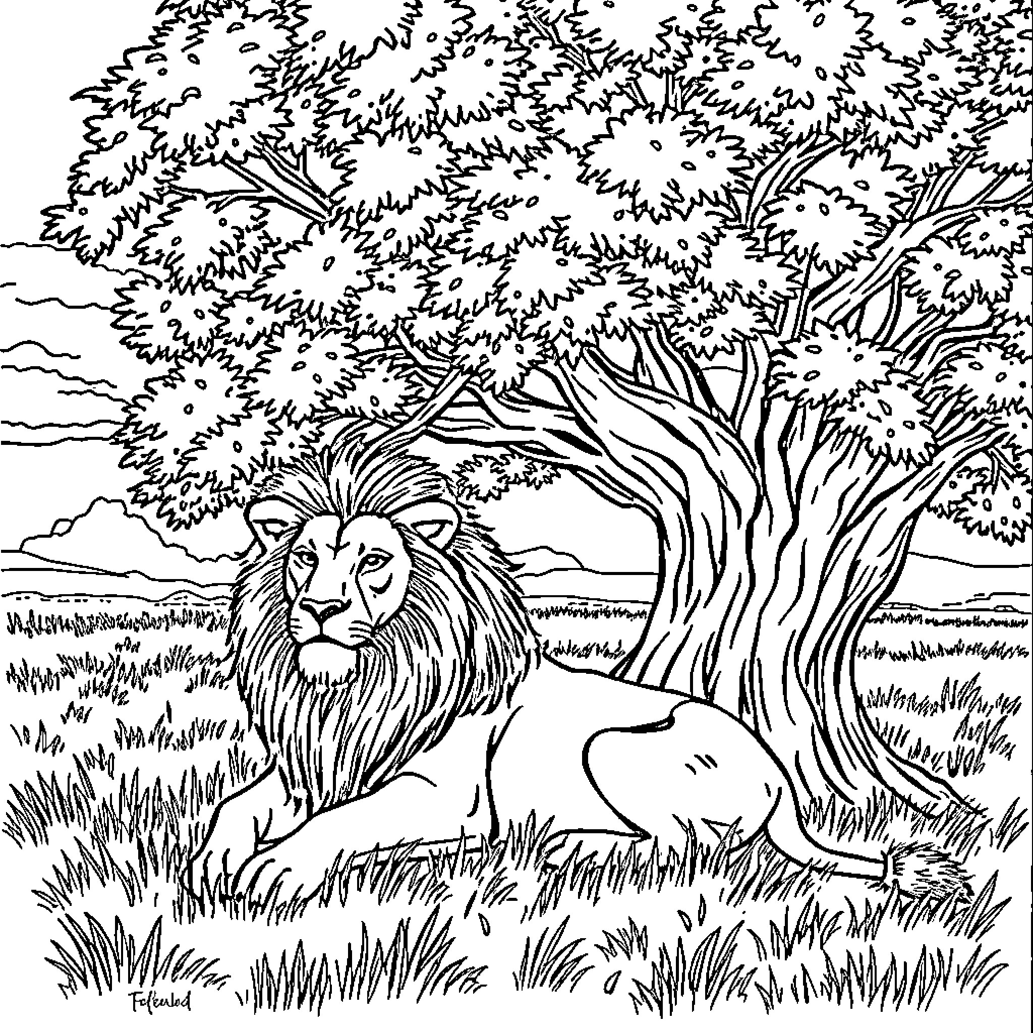 Lion resting peacefully in a lush jungle Coloring Page (free black-and-white line drawing printable PDF for all, from beginners to advanced learners, including children, teens, adults, and seniors)