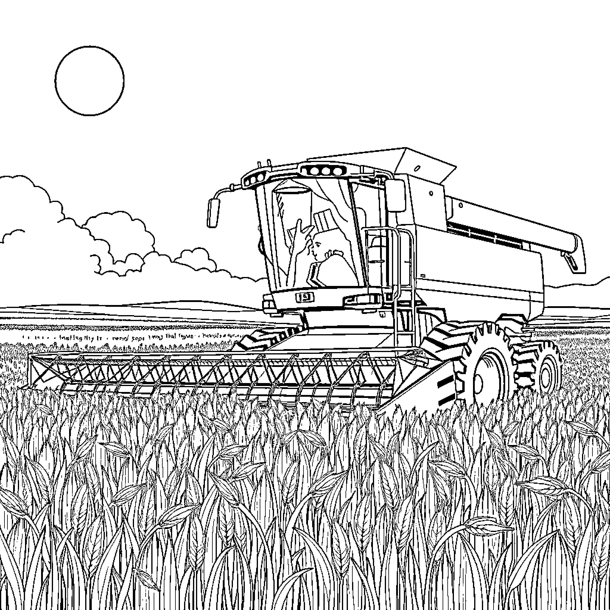 Combine harvesting crops in the field Coloring Page (free black-and-white line drawing printable PDF for all, from beginners to advanced learners, including children, teens, adults, and seniors)
