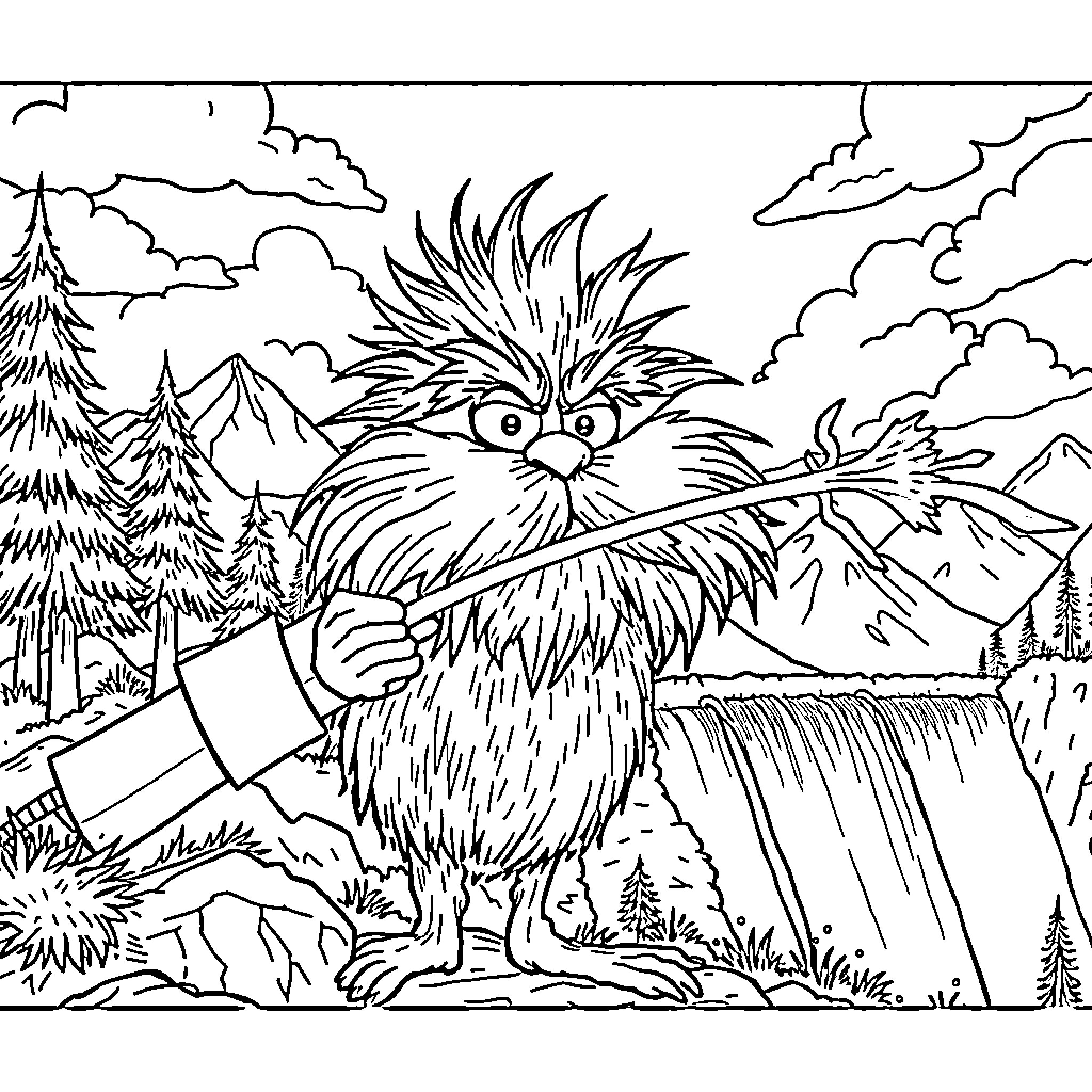 Lorax protecting the forest landscape Coloring Page (free black-and-white line drawing printable PDF for all, from beginners to advanced learners, including children, teens, adults, and seniors)