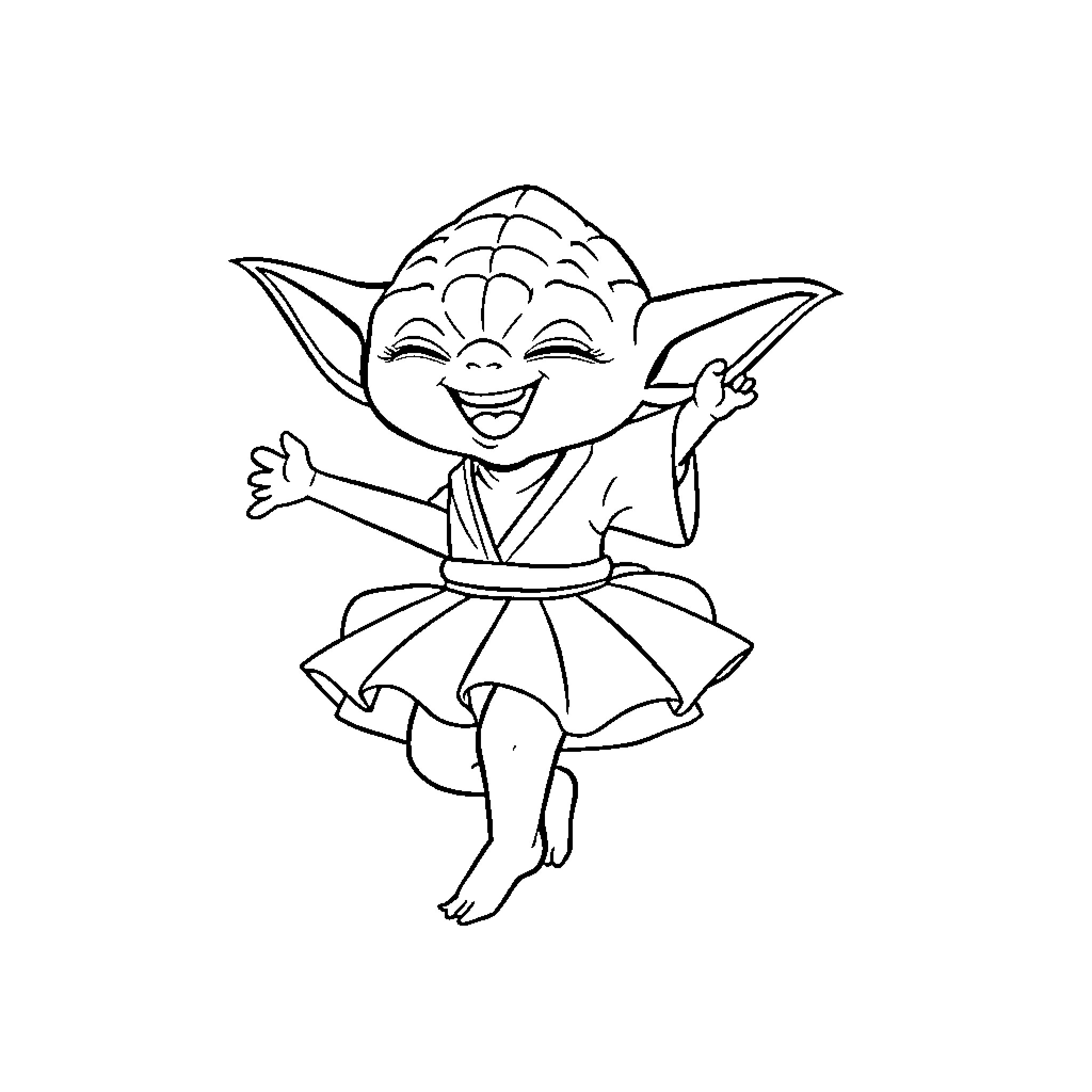 Yoda dancing with joy in a robe Coloring Page (free black-and-white line drawing printable PDF for all, from beginners to advanced learners, including children, teens, adults, and seniors)