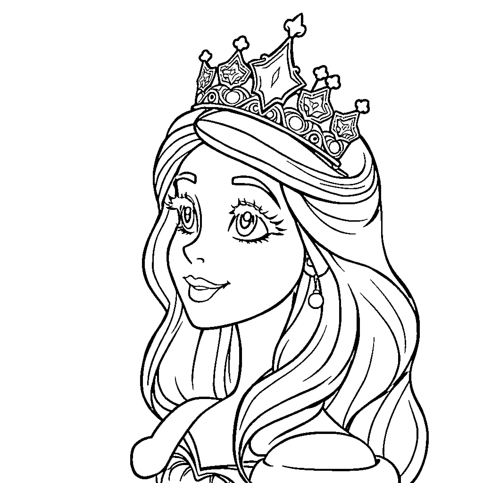 Princess in Elegant Crown and Gown Coloring Page (free black-and-white line drawing printable PDF for all, from beginners to advanced learners, including children, teens, adults, and seniors)
