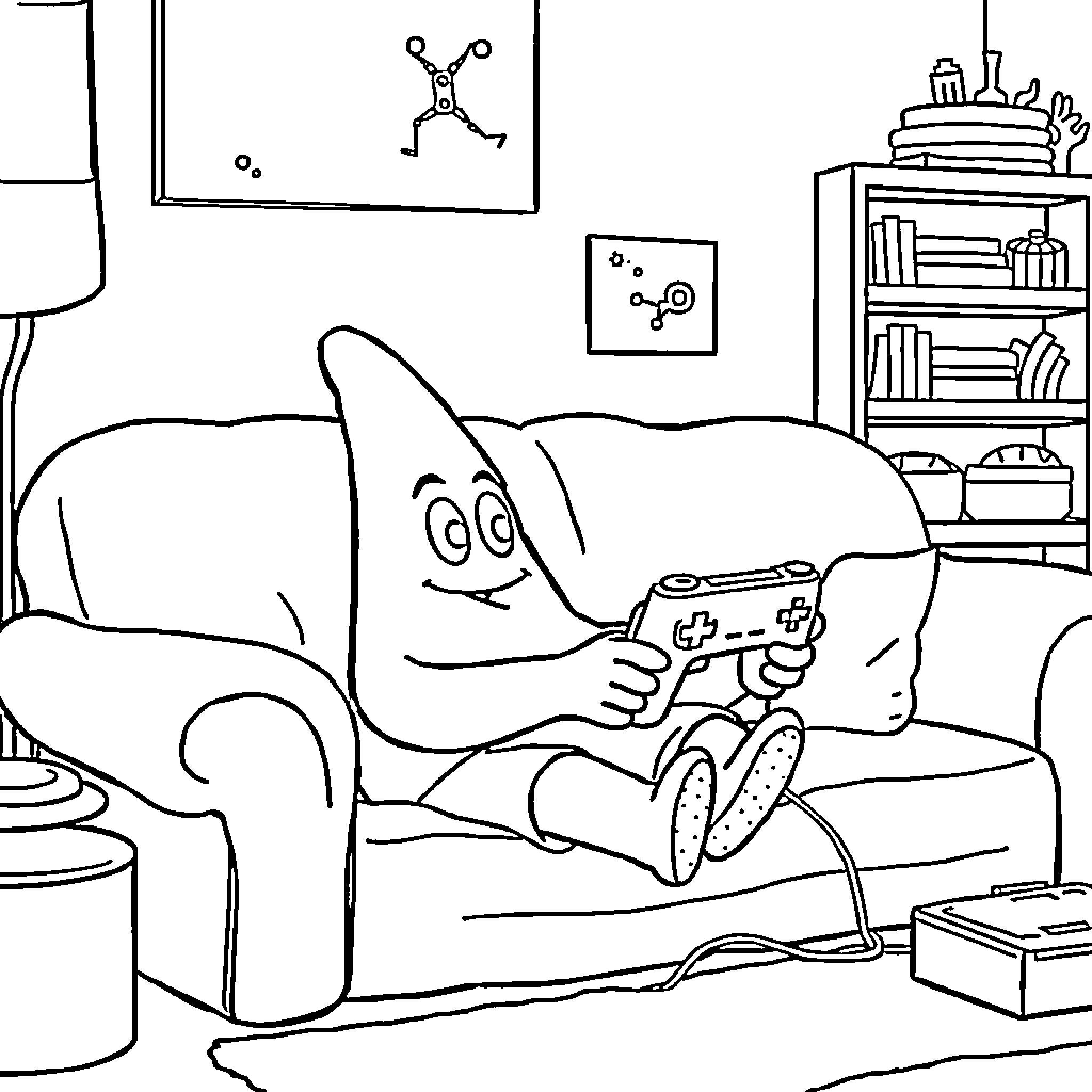 Patrick Star playing video games on the couch Coloring Page (free black-and-white line drawing printable PDF for all, from beginners to advanced learners, including children, teens, adults, and seniors)