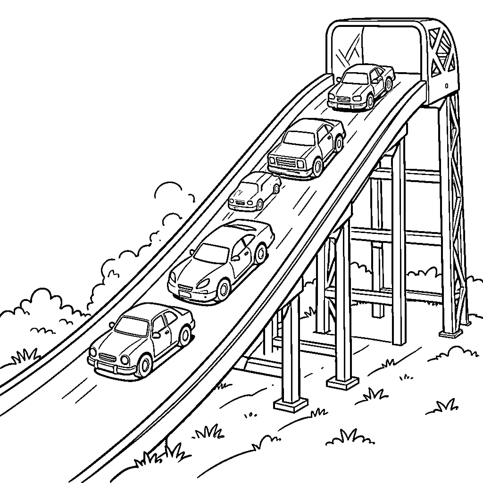 Hot Wheels racing down a steep track Coloring Page (free black-and-white line drawing printable PDF for all, from beginners to advanced learners, including children, teens, adults, and seniors)