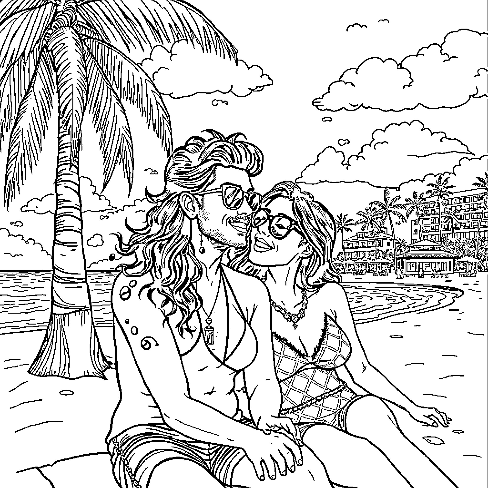 Amy Winehouse enjoying a day at the beach with friends Coloring Page (free black-and-white line drawing printable PDF for all, from beginners to advanced learners, including children, teens, adults, and seniors)