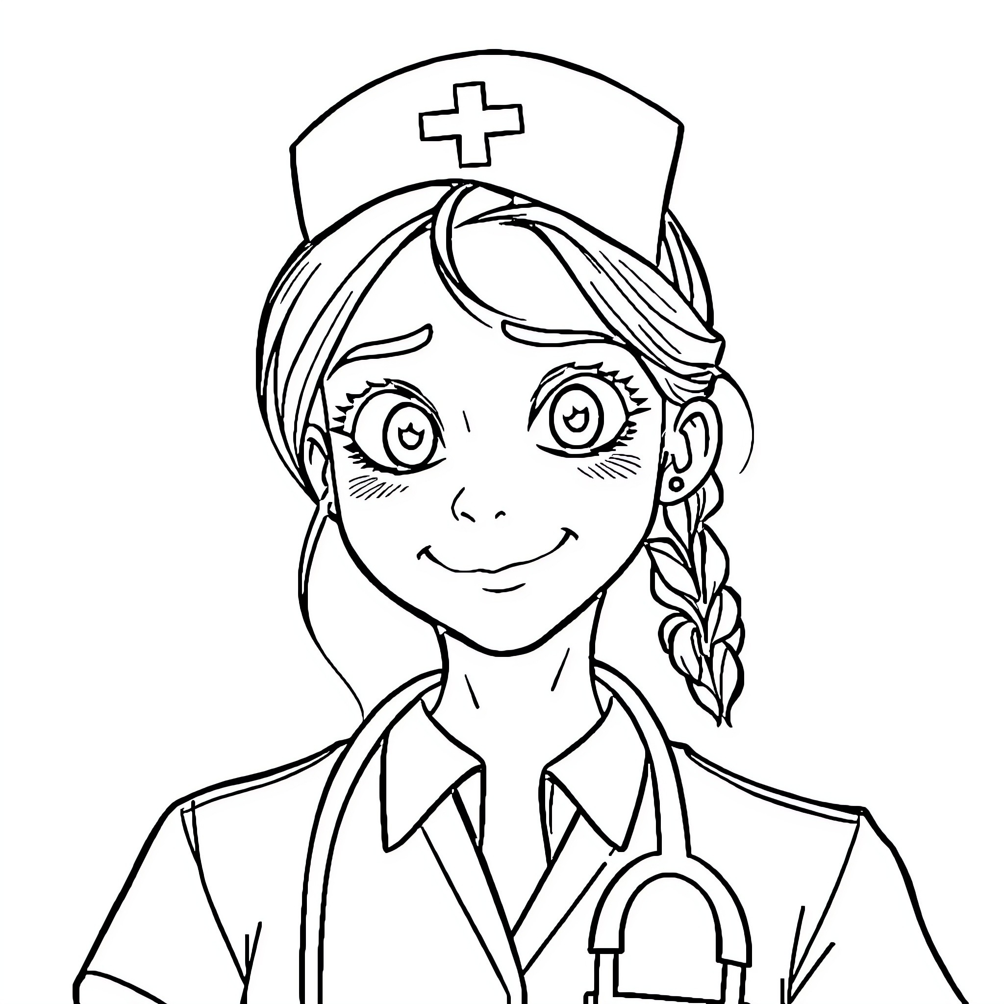 Nurse assisting with a friendly expression Coloring Page (free black-and-white line drawing printable PDF for all, from beginners to advanced learners, including children, teens, adults, and seniors)