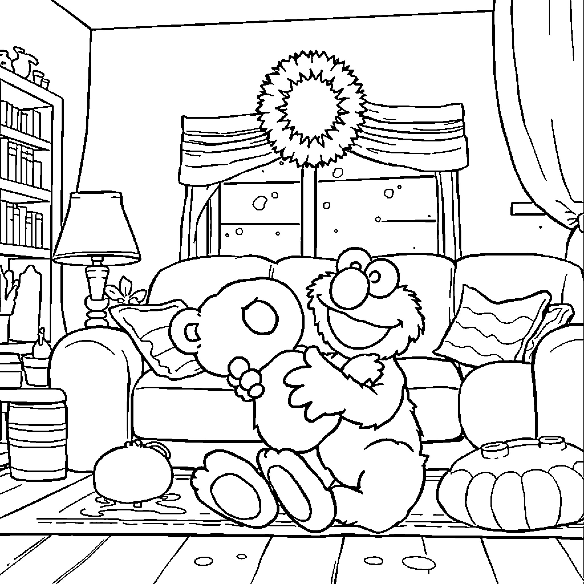 Elmo enjoying a cozy day at home Coloring Page (free black-and-white line drawing printable PDF for all, from beginners to advanced learners, including children, teens, adults, and seniors)