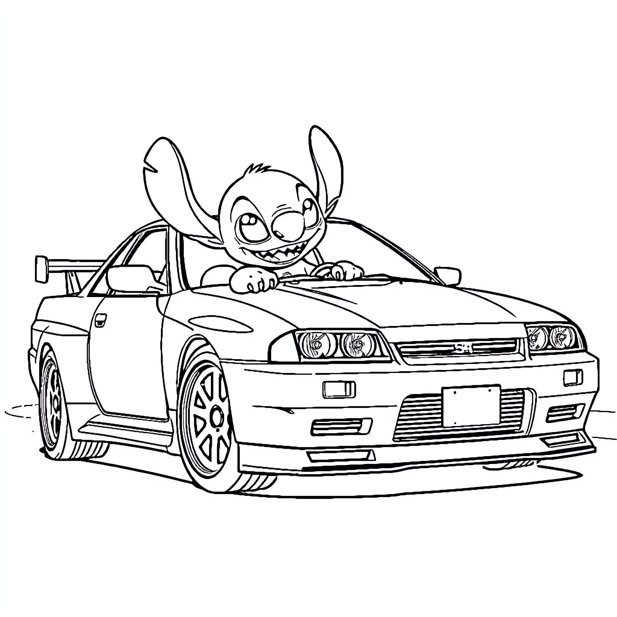 Car with Cartoon Character Riding Coloring Page (free black-and-white line drawing printable PDF for all, from beginners to advanced learners, including children, teens, adults, and seniors)