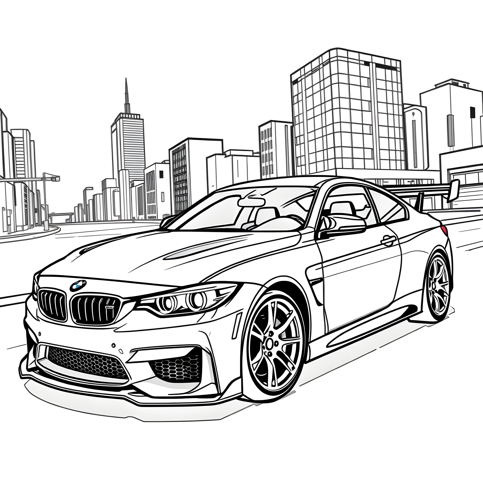 Car speeding through bustling city streets Coloring Page (free black-and-white line drawing printable PDF for all, from beginners to advanced learners, including children, teens, adults, and seniors)