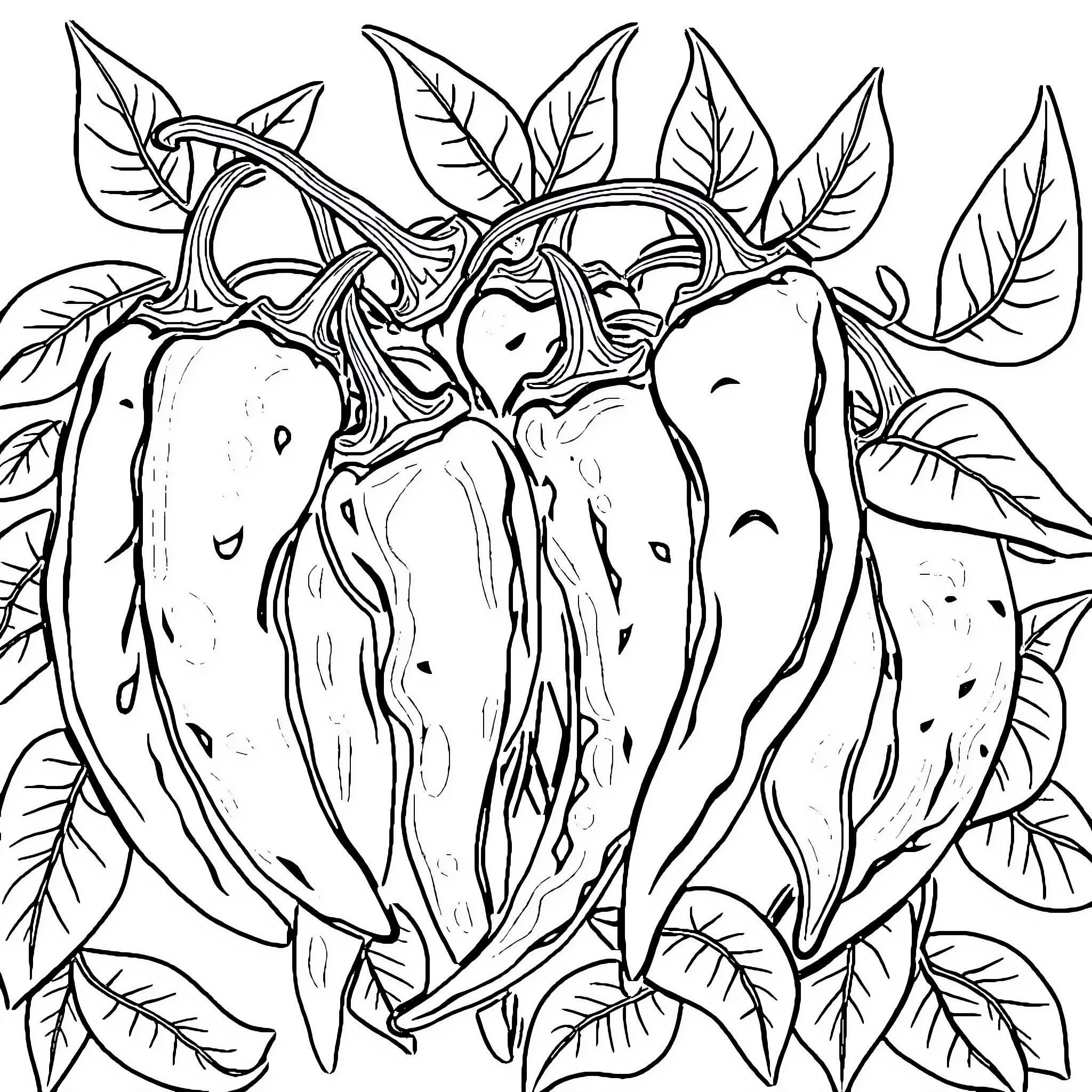 Chile Peppers Surrounded by Lush Foliage Coloring Page (free black-and-white line drawing printable PDF for all, from beginners to advanced learners, including children, teens, adults, and seniors)