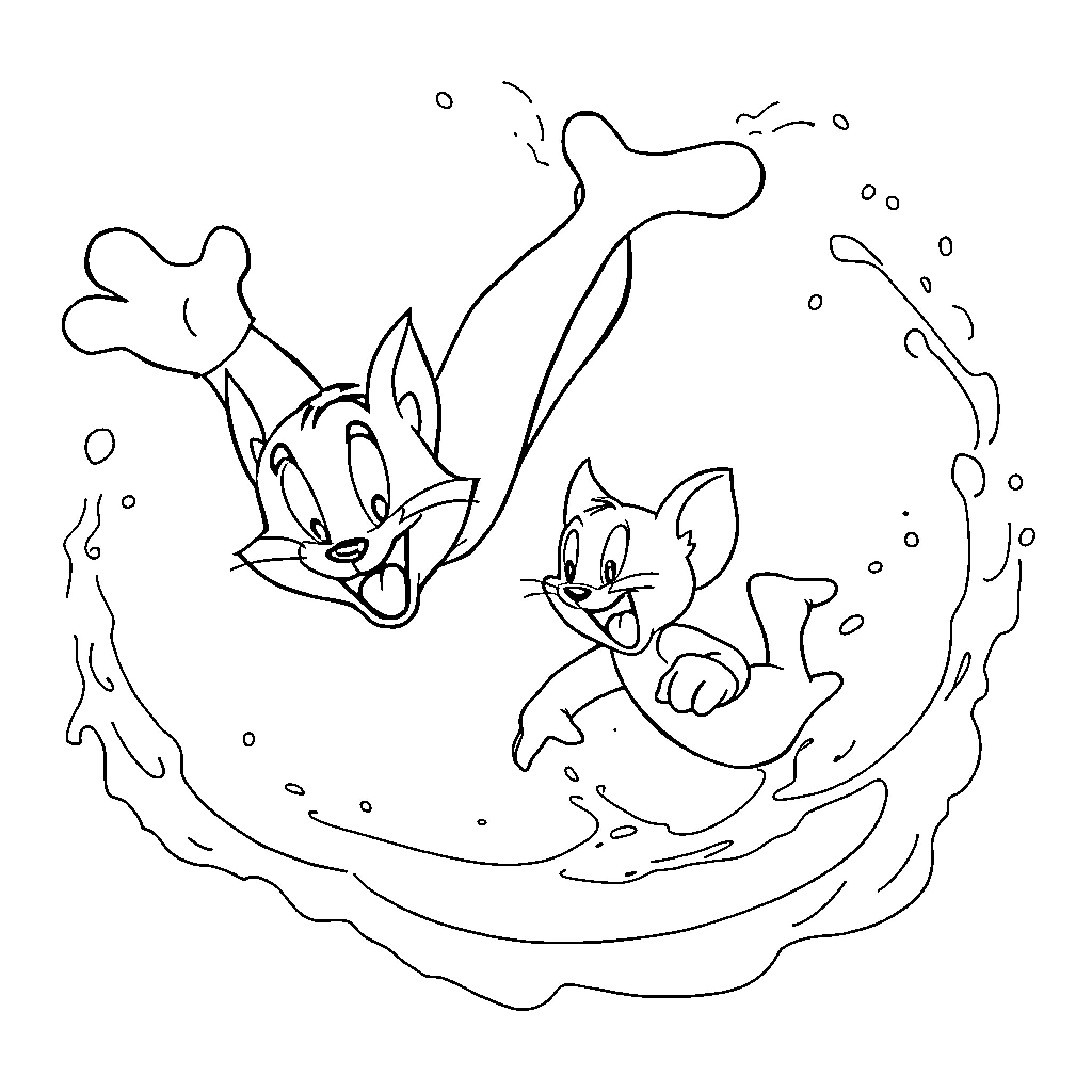 Tom et Jerry chasing each other in bubbles Coloring Page (free black-and-white line drawing printable PDF for all, from beginners to advanced learners, including children, teens, adults, and seniors)