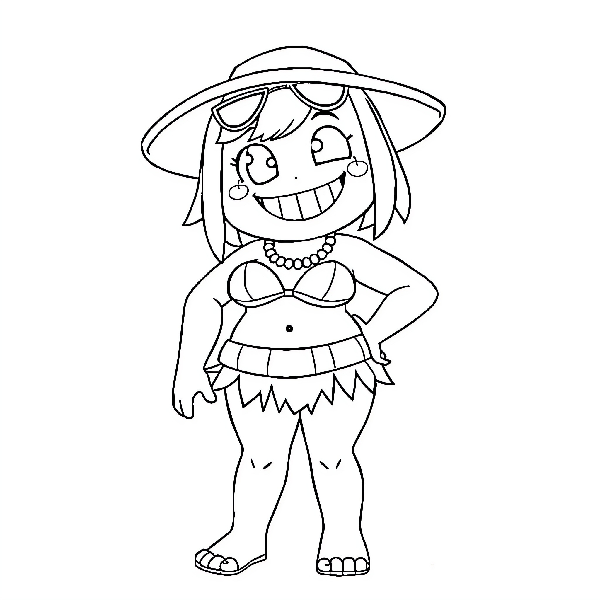 Sans Beaming Girl in Tropical Outfit Coloring Page (free black-and-white line drawing printable PDF for all, from beginners to advanced learners, including children, teens, adults, and seniors)
