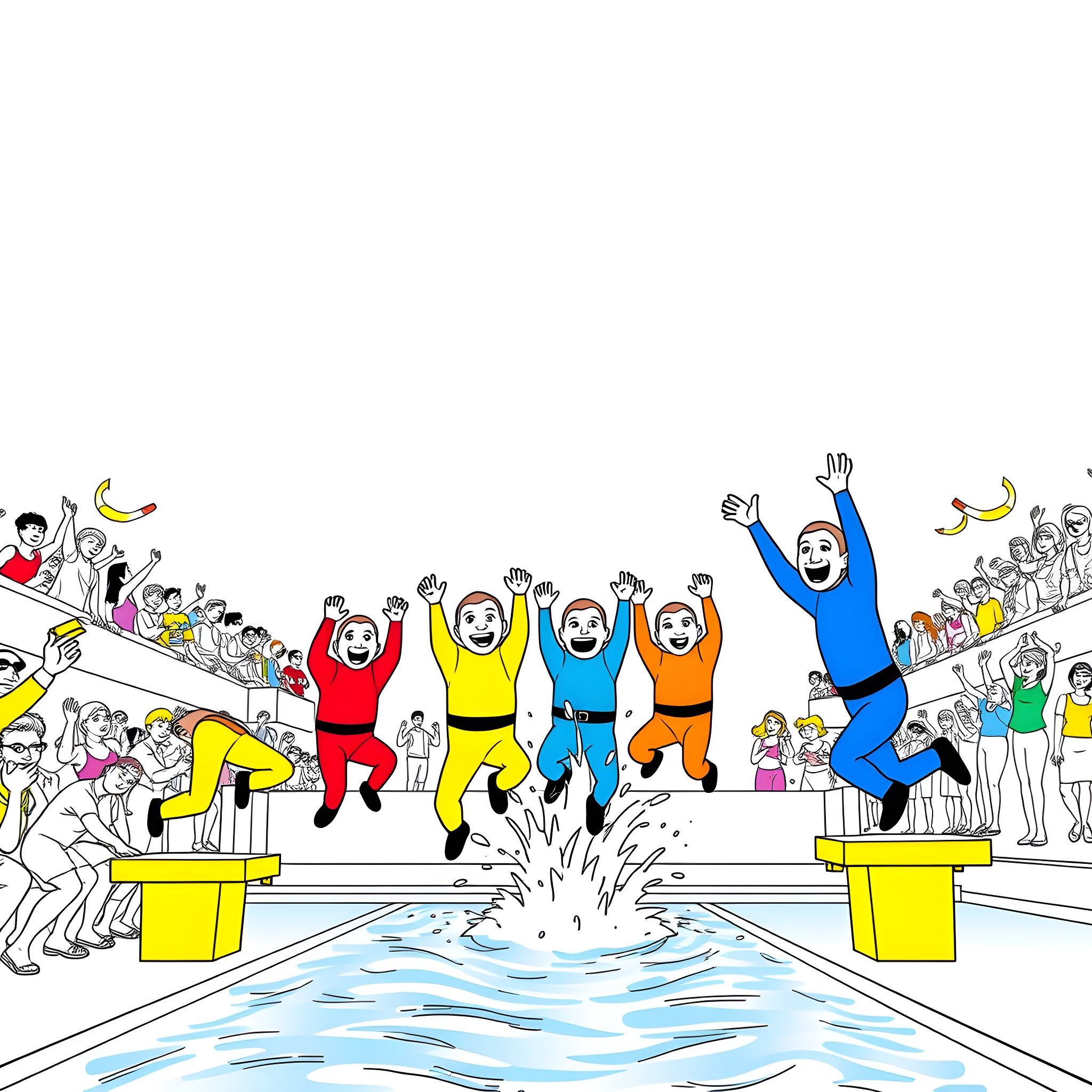 Wiggle and Jump in the Pool Celebration Coloring Page (free black-and-white line drawing printable PDF for all, from beginners to advanced learners, including children, teens, adults, and seniors)