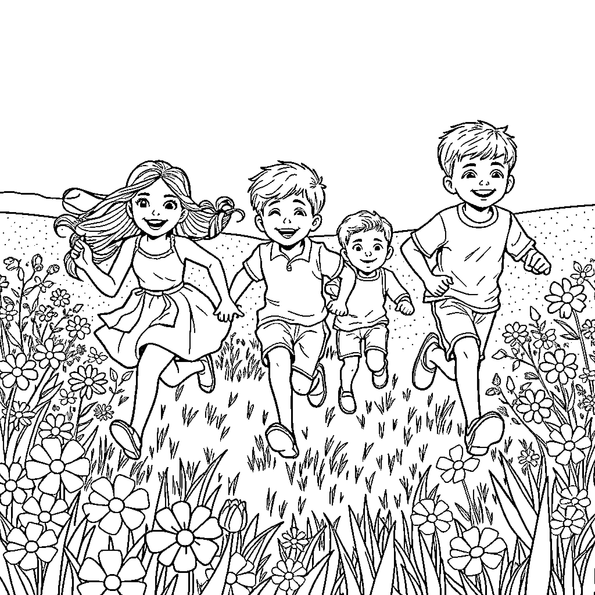 Sibling Playfulness in Floral Meadow Coloring Page (free black-and-white line drawing printable PDF for all, from beginners to advanced learners, including children, teens, adults, and seniors)