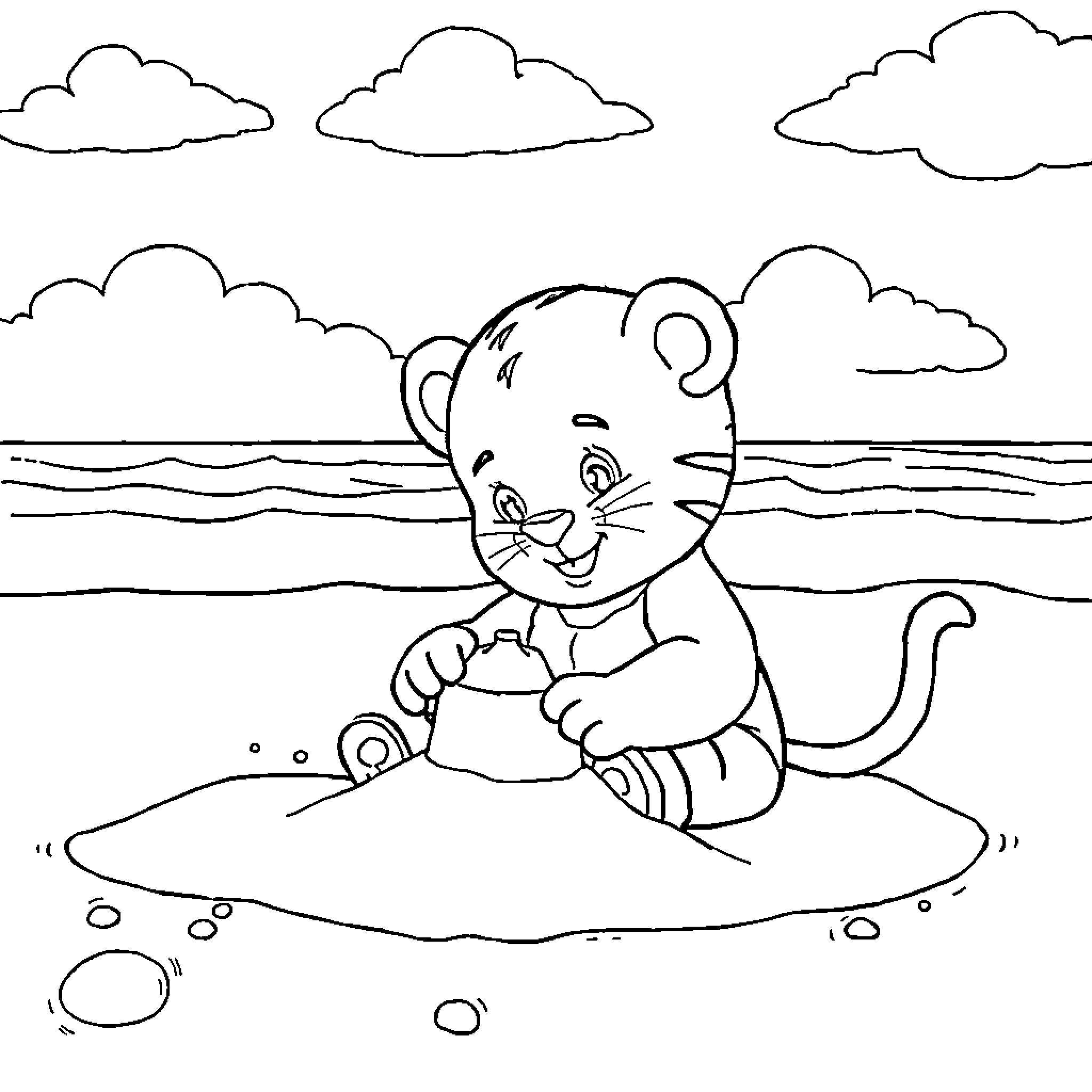 Daniel Tiger enjoying a beach day Coloring Page (free black-and-white line drawing printable PDF for all, from beginners to advanced learners, including children, teens, adults, and seniors)