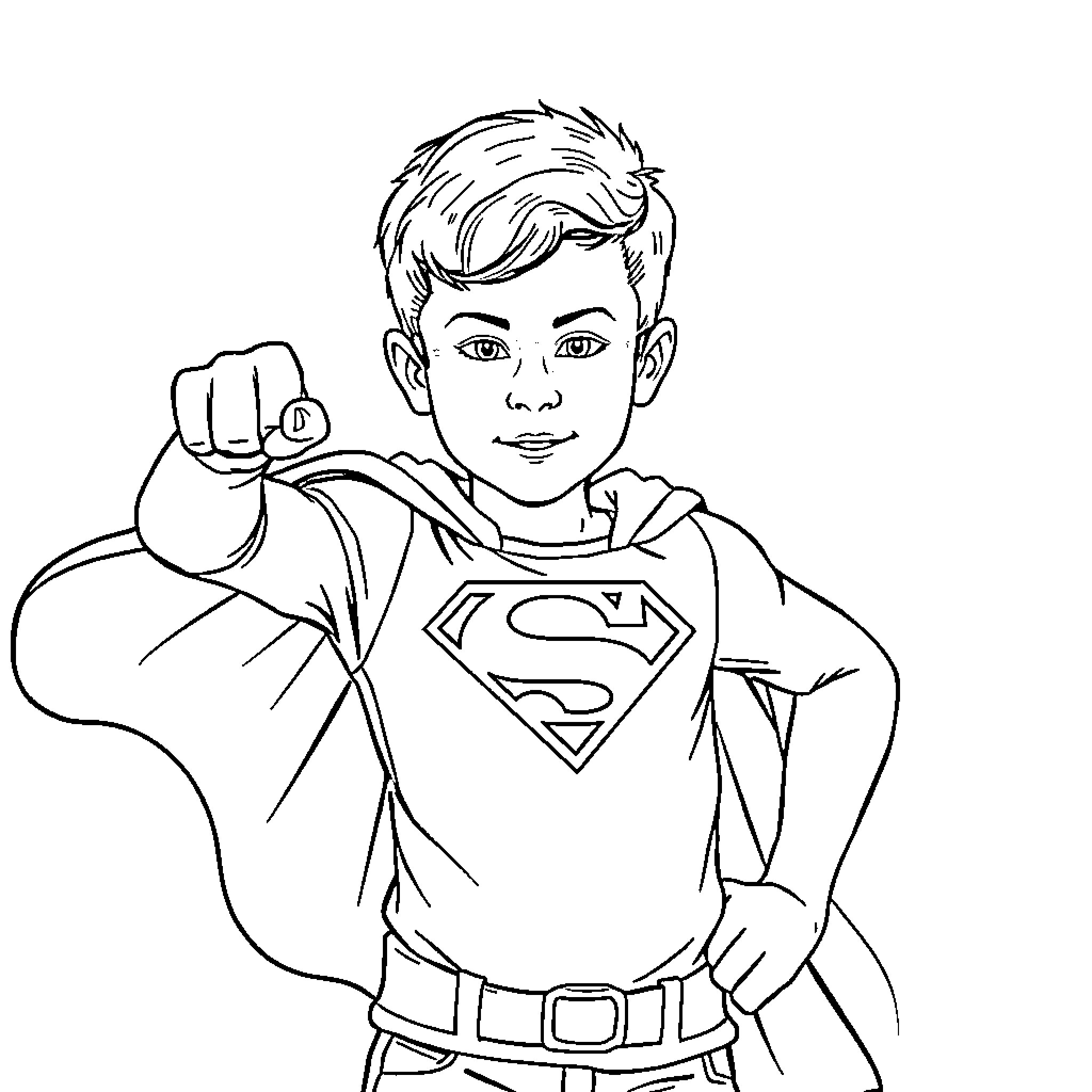 Superman showing heroic posture and expression Coloring Page (free black-and-white line drawing printable PDF for all, from beginners to advanced learners, including children, teens, adults, and seniors)