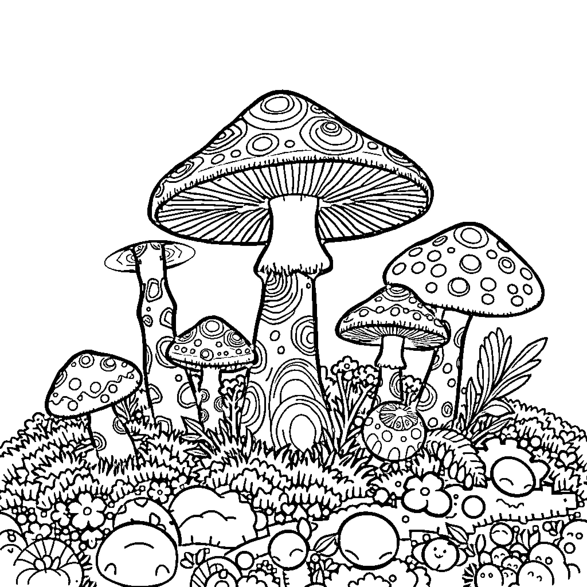 Mushroom Fantasy Landscape with Whimsical Fungi Coloring Page (free black-and-white line drawing printable PDF for all, from beginners to advanced learners, including children, teens, adults, and seniors)
