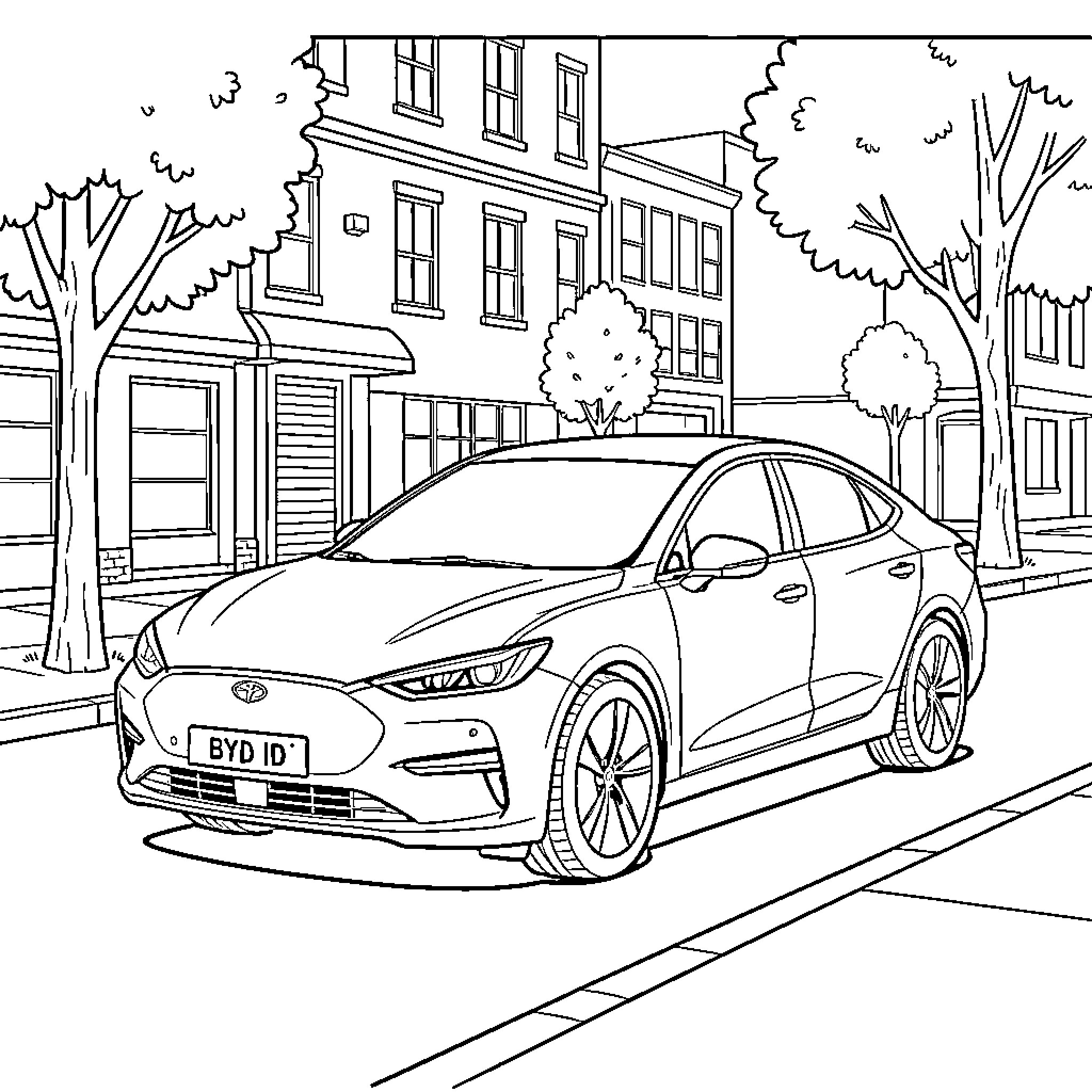 BYD Seal driving through a quiet city street Coloring Page (free black-and-white line drawing printable PDF for all, from beginners to advanced learners, including children, teens, adults, and seniors)